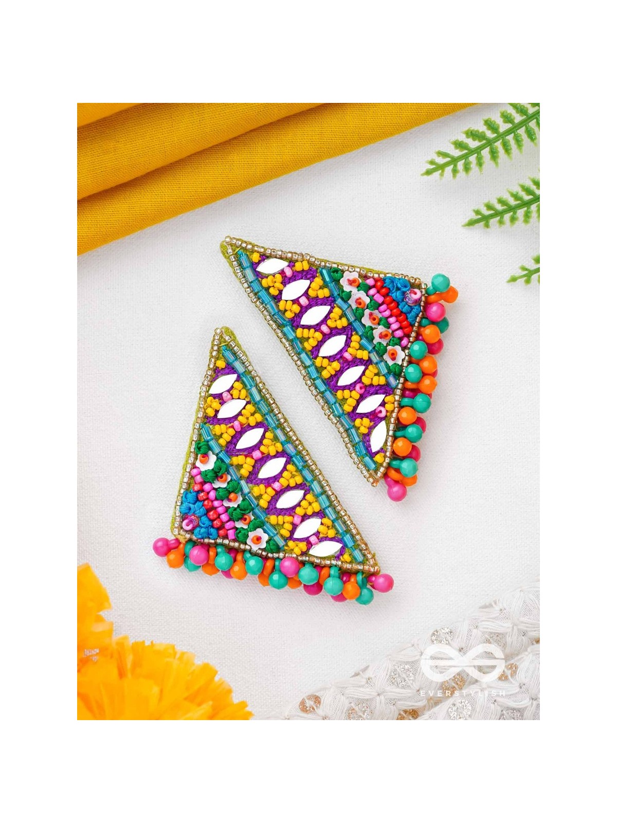 Shikharin - The Gorgeous Pyramid - Mirrors, Beads And Resham Hand Embroidered Stud Earrings