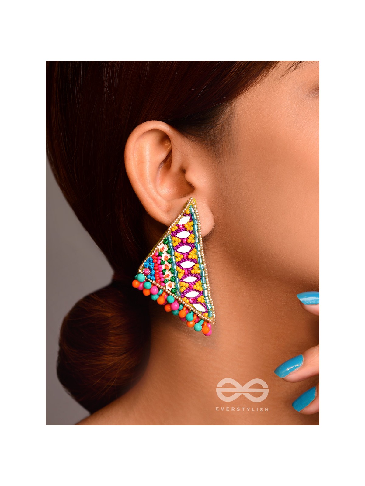 Shikharin - The Gorgeous Pyramid - Mirrors, Beads And Resham Hand Embroidered Stud Earrings