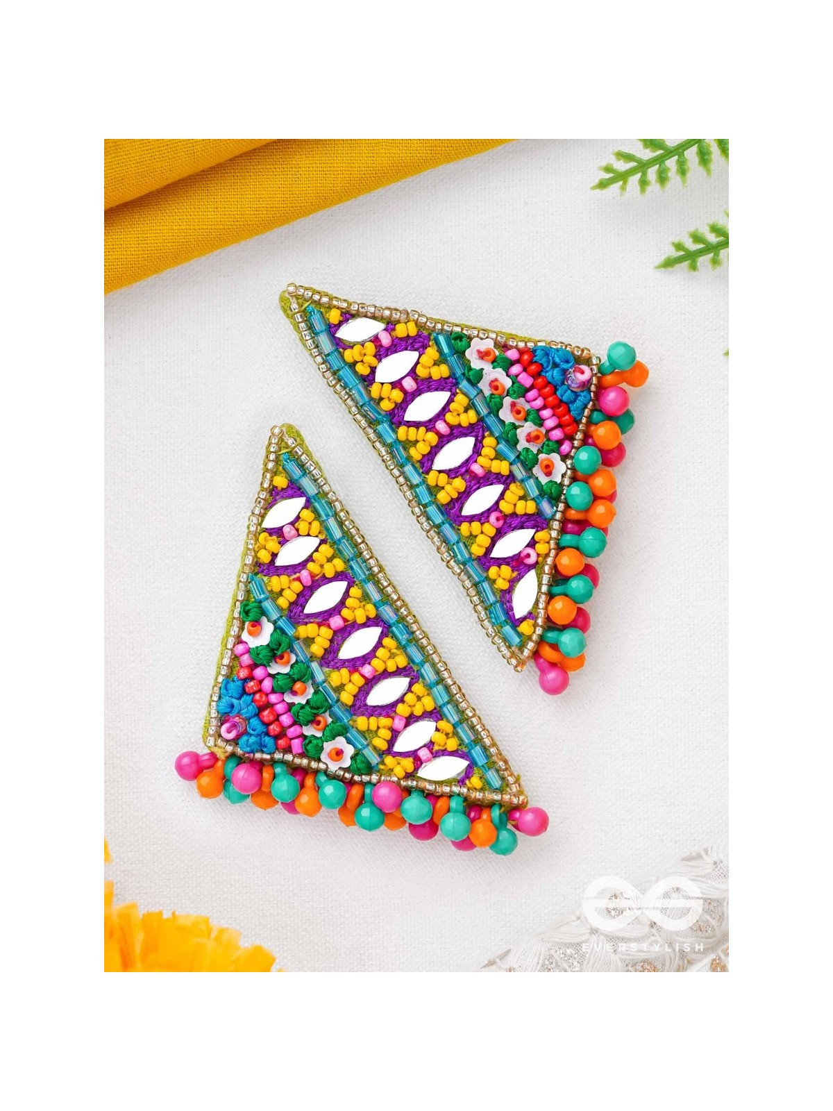Shikharin - The Gorgeous Pyramid - Mirrors, Beads And Resham Hand Embroidered Stud Earrings