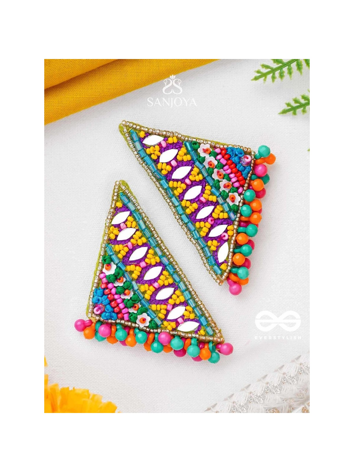 Shikharin - The Gorgeous Pyramid - Mirrors, Beads And Resham Hand Embroidered Stud Earrings