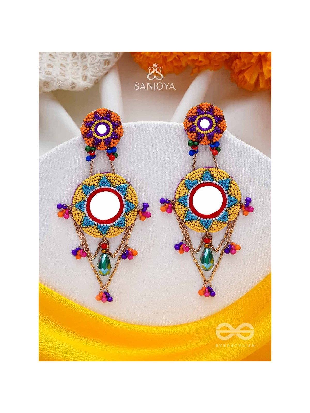Rashmivat - The Golden Sun - Mirrors, Resham And Beads Hand Embroidered Earrings