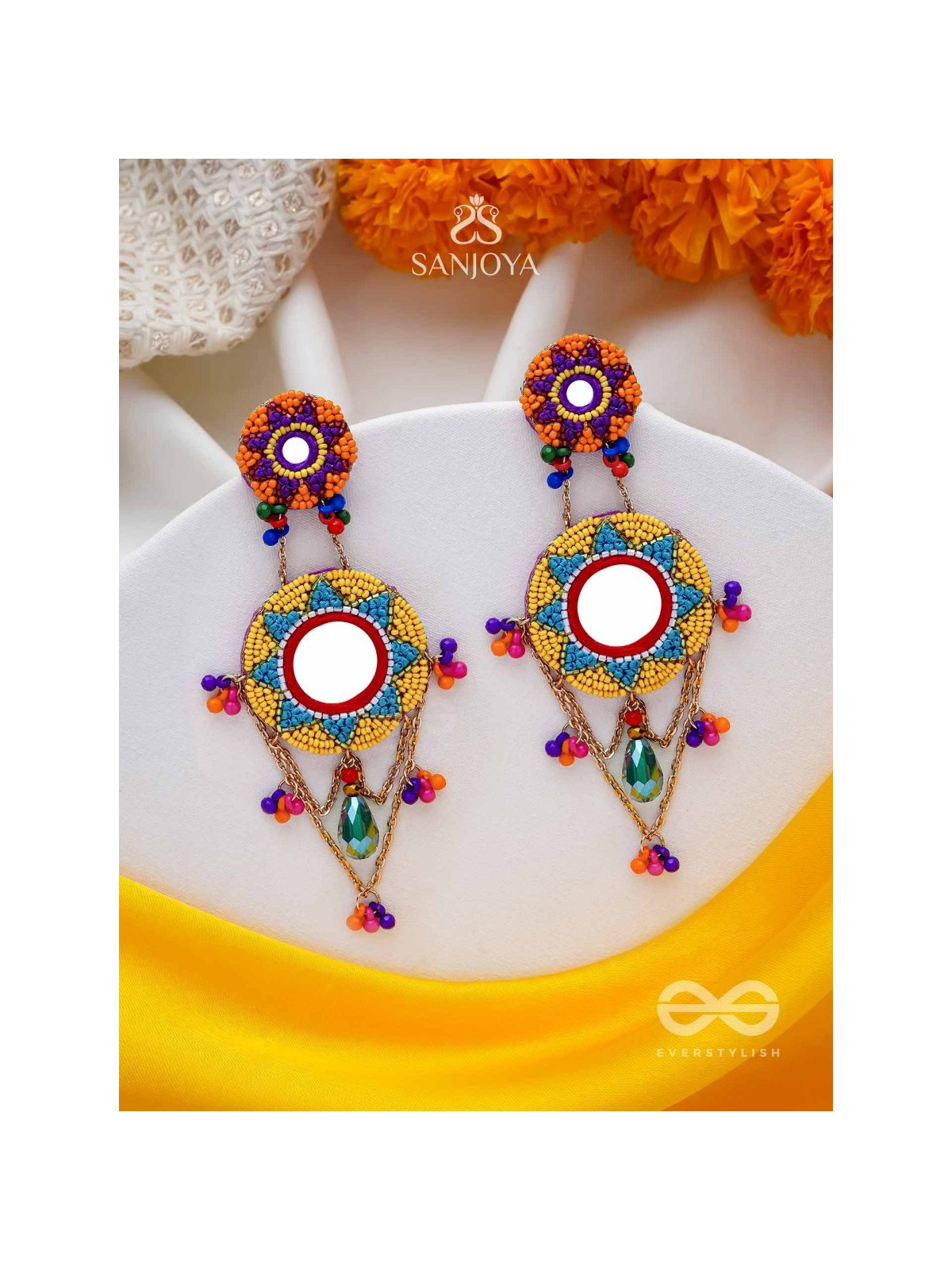 Rashmivat - The Golden Sun - Mirrors, Resham And Beads Hand Embroidered Earrings