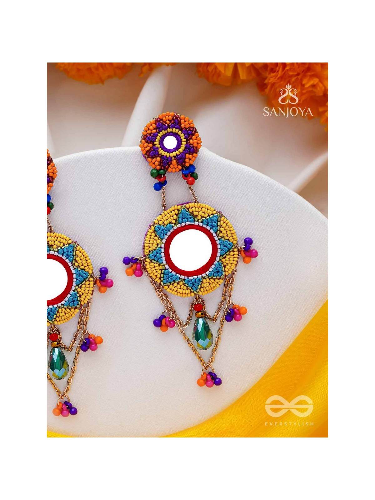 Rashmivat - The Golden Sun - Mirrors, Resham And Beads Hand Embroidered Earrings