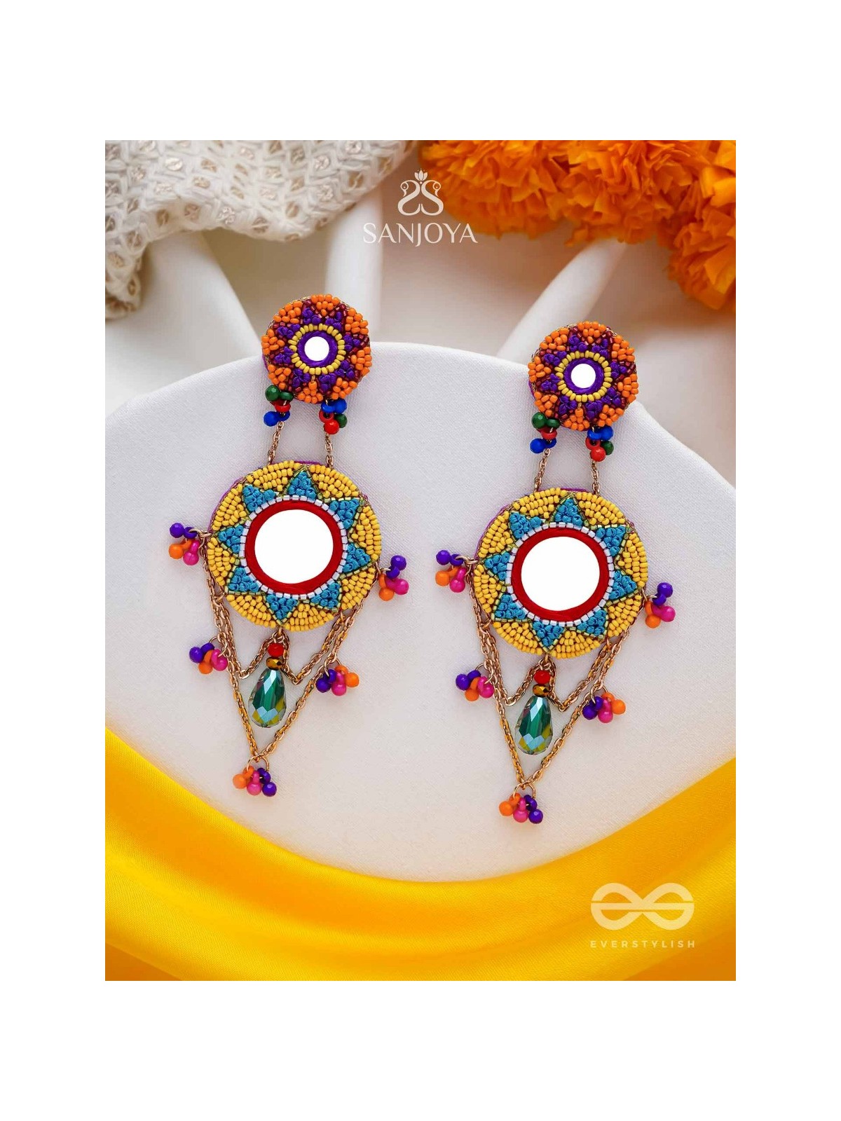 Rashmivat - The Golden Sun - Mirrors, Resham And Beads Hand Embroidered Earrings