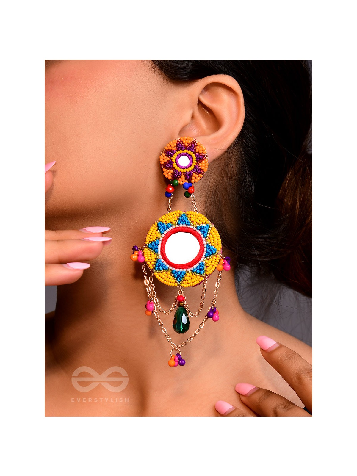 Rashmivat - The Golden Sun - Mirrors, Resham And Beads Hand Embroidered Earrings