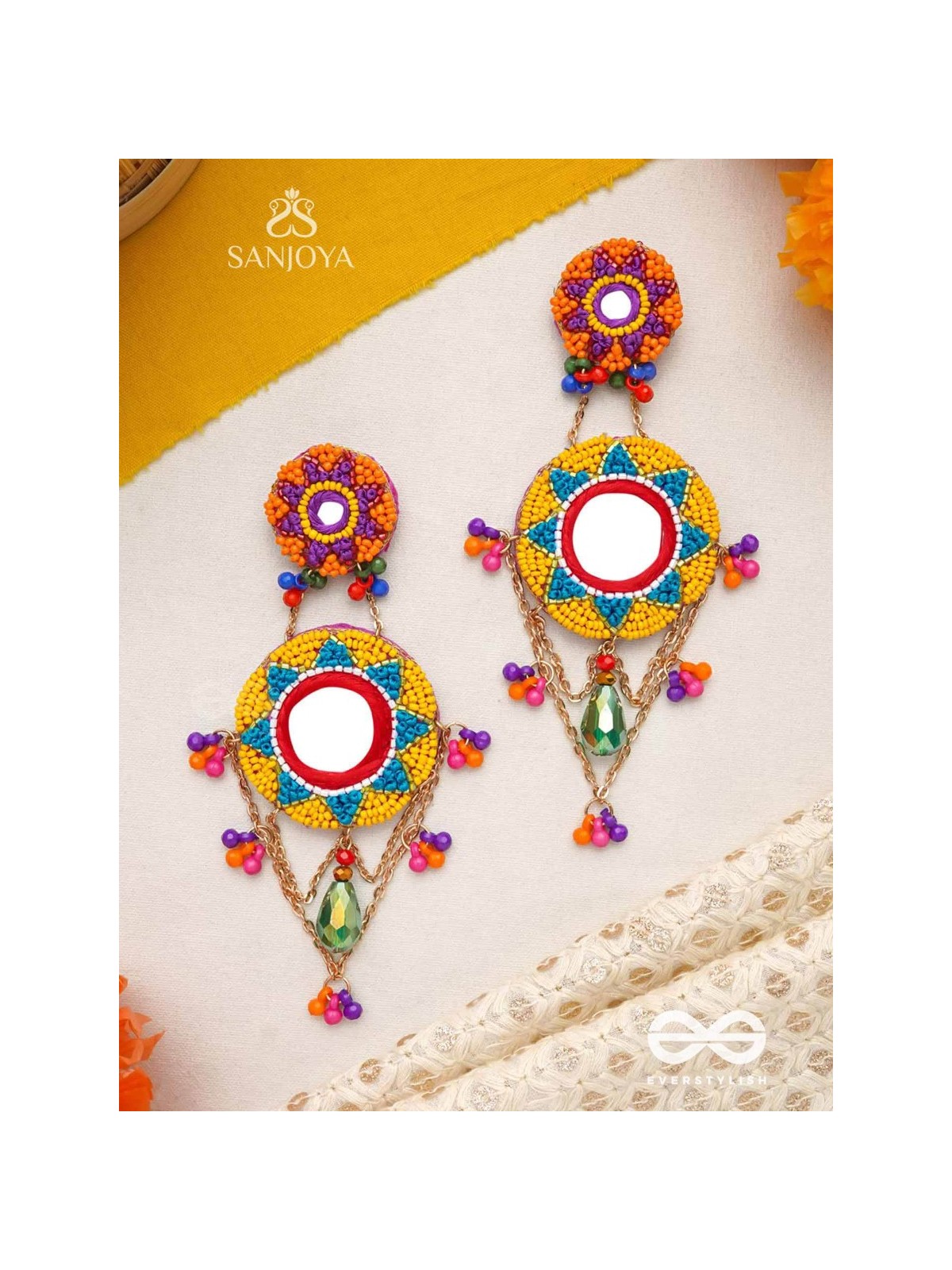 Rashmivat - The Golden Sun - Mirrors, Resham And Beads Hand Embroidered Earrings