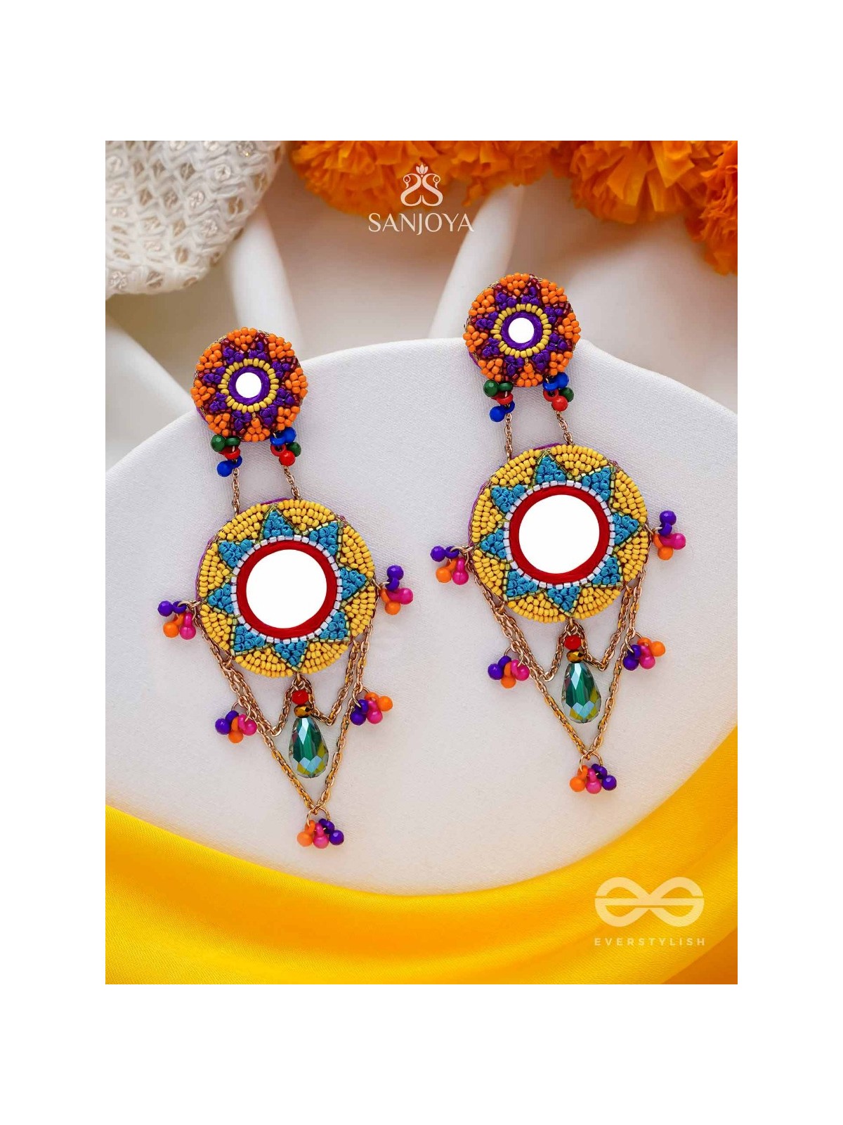 Rashmivat - The Golden Sun - Mirrors, Resham And Beads Hand Embroidered Earrings