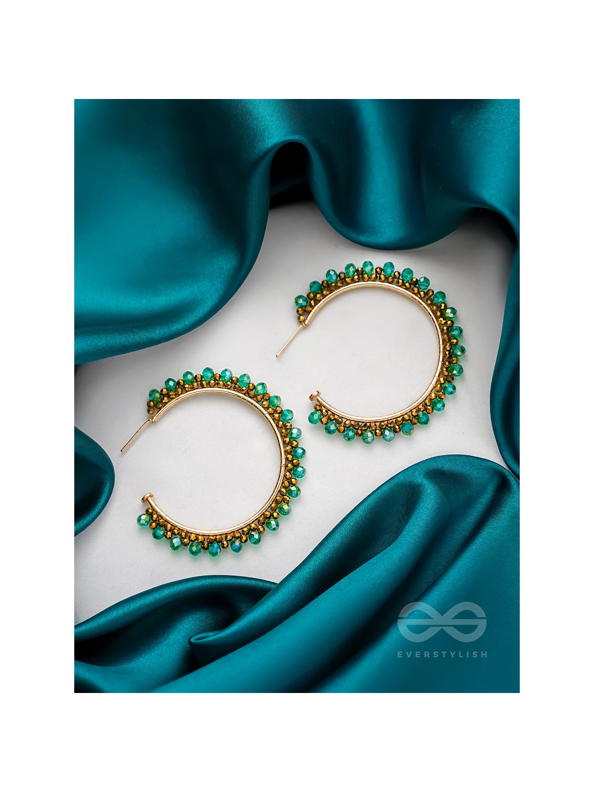 The 'Jade'd Sun- Golden Embellished Hoop Earrings