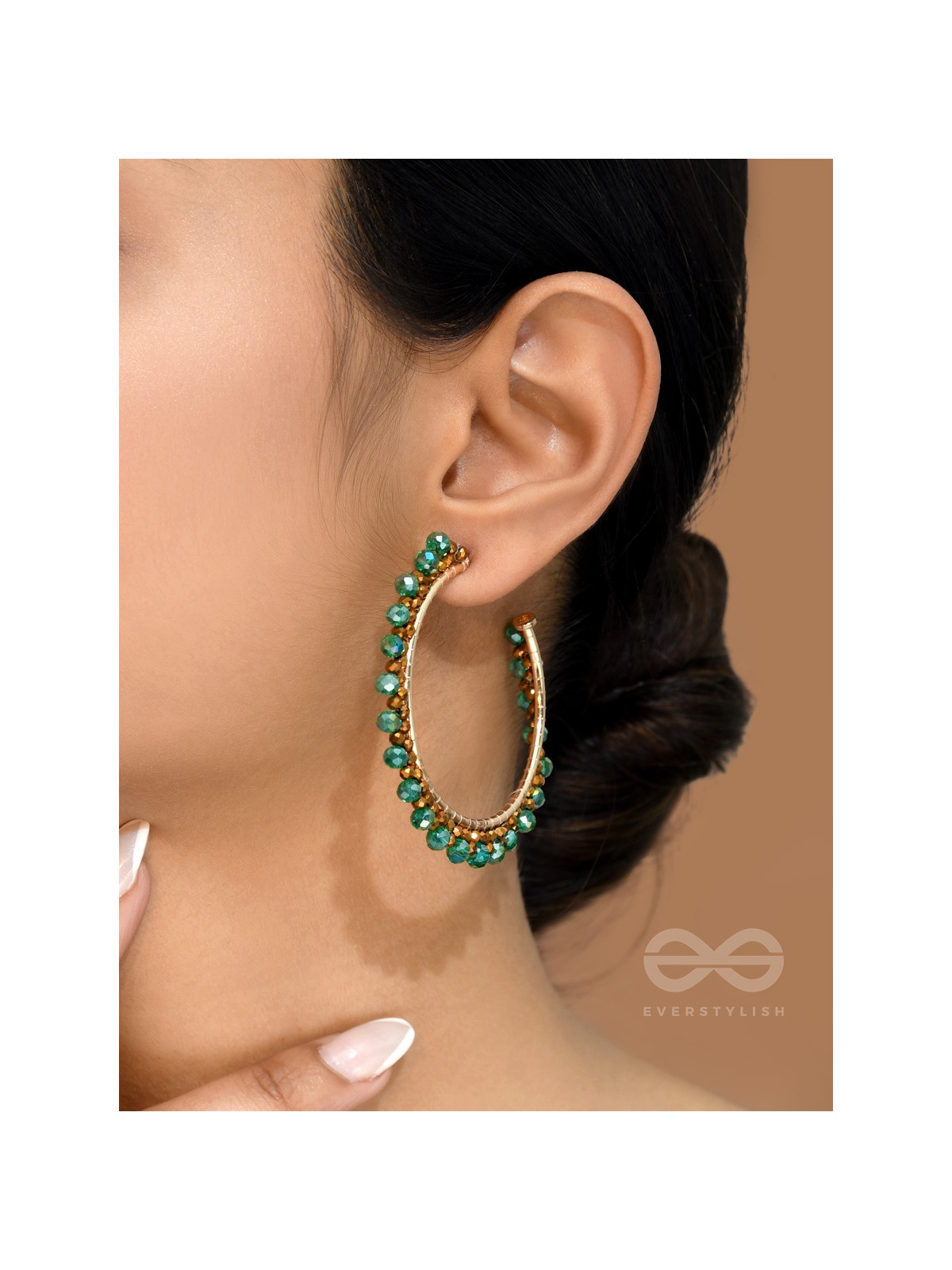 The 'Jade'd Sun- Golden Embellished Hoop Earrings