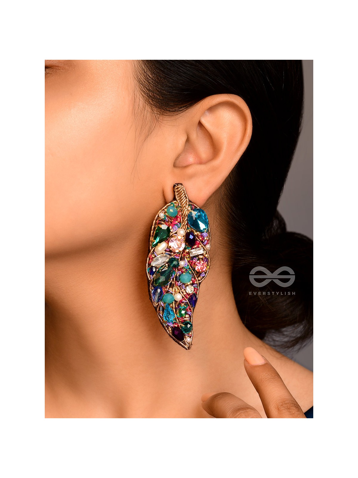 Parnila- The Lovely Leaf- Stones, Sequins and Glass Beads Embroidered Stud Earrings