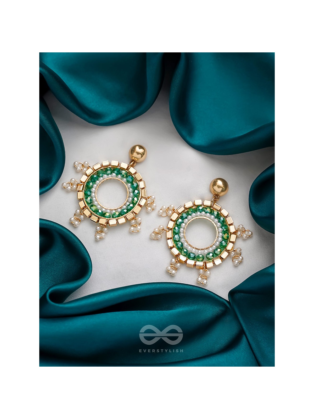 The Emerald Orbits- Golden Embellished  Earrings