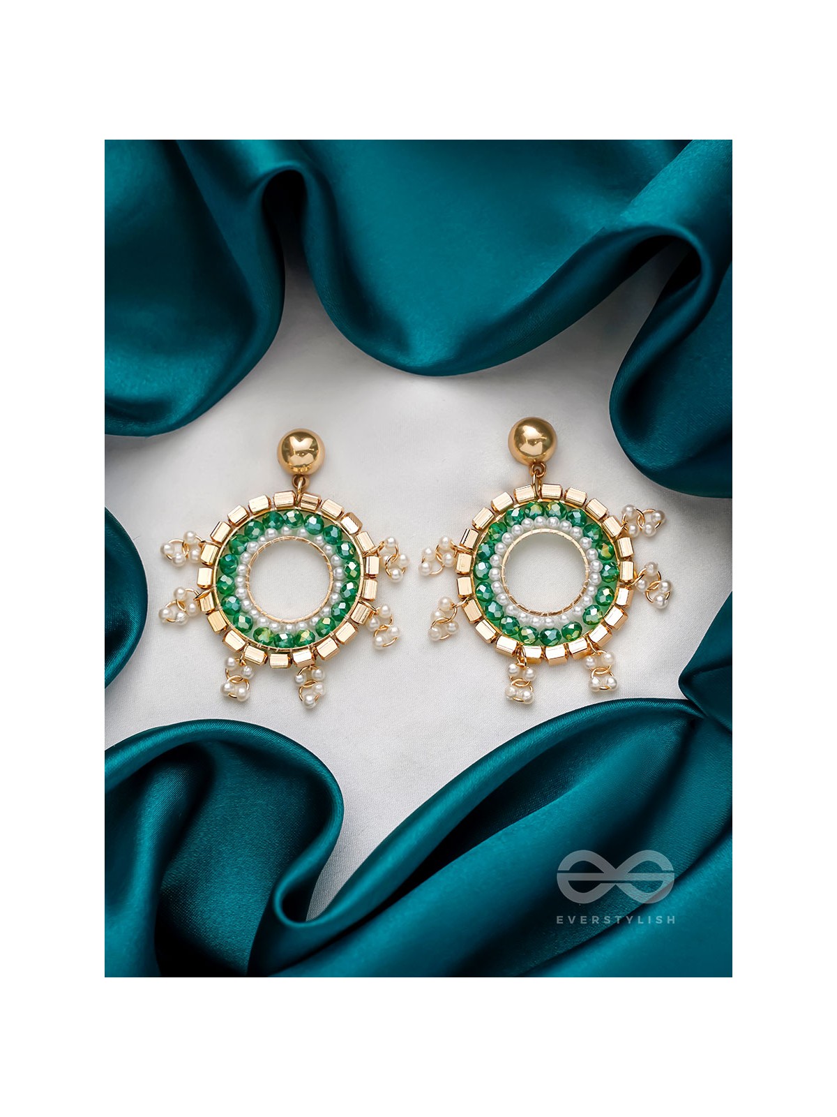 The Emerald Orbits- Golden Embellished  Earrings