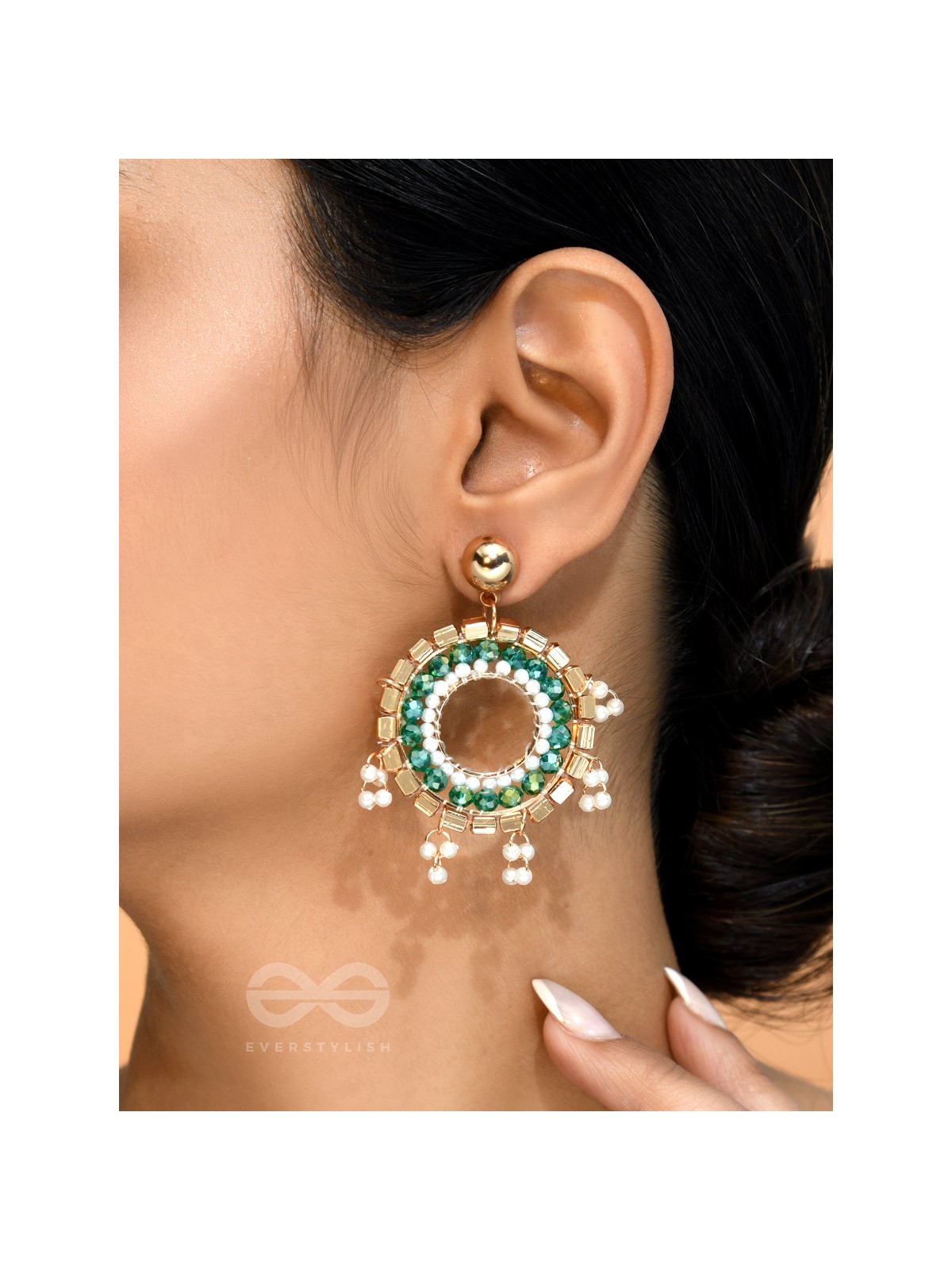 The Emerald Orbits- Golden Embellished  Earrings