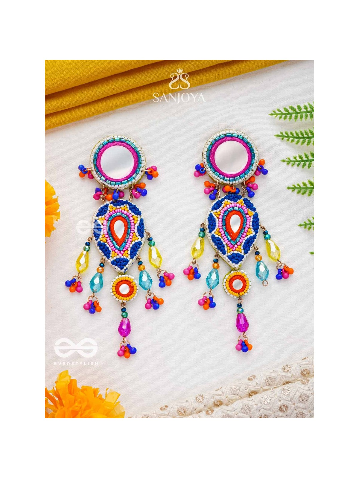Odyaman - The Vibrant Rainfall - Beads, Resham And Mirrors Hand Embroidered Earrings