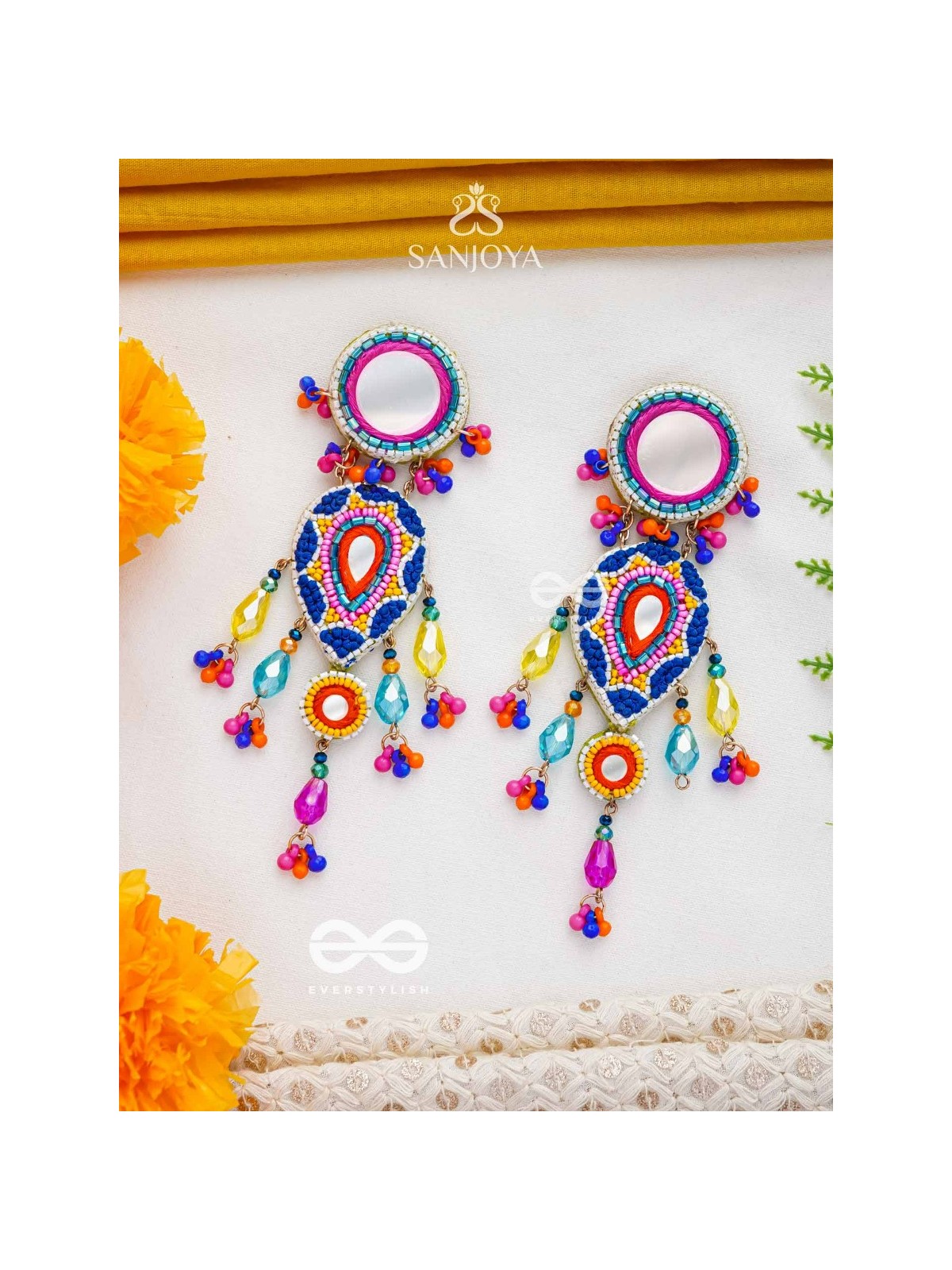 Odyaman - The Vibrant Rainfall - Beads, Resham And Mirrors Hand Embroidered Earrings