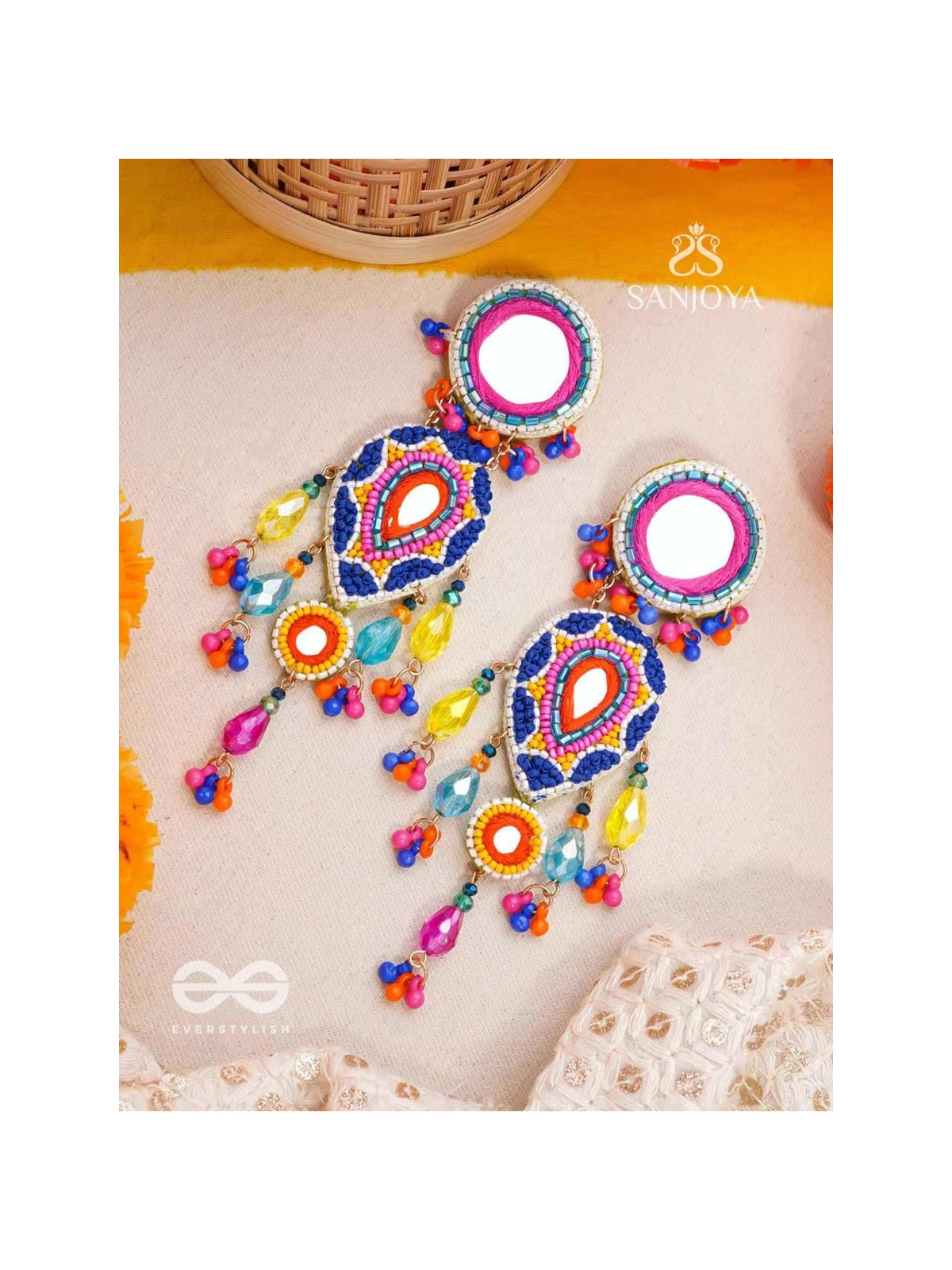 Odyaman - The Vibrant Rainfall - Beads, Resham And Mirrors Hand Embroidered Earrings