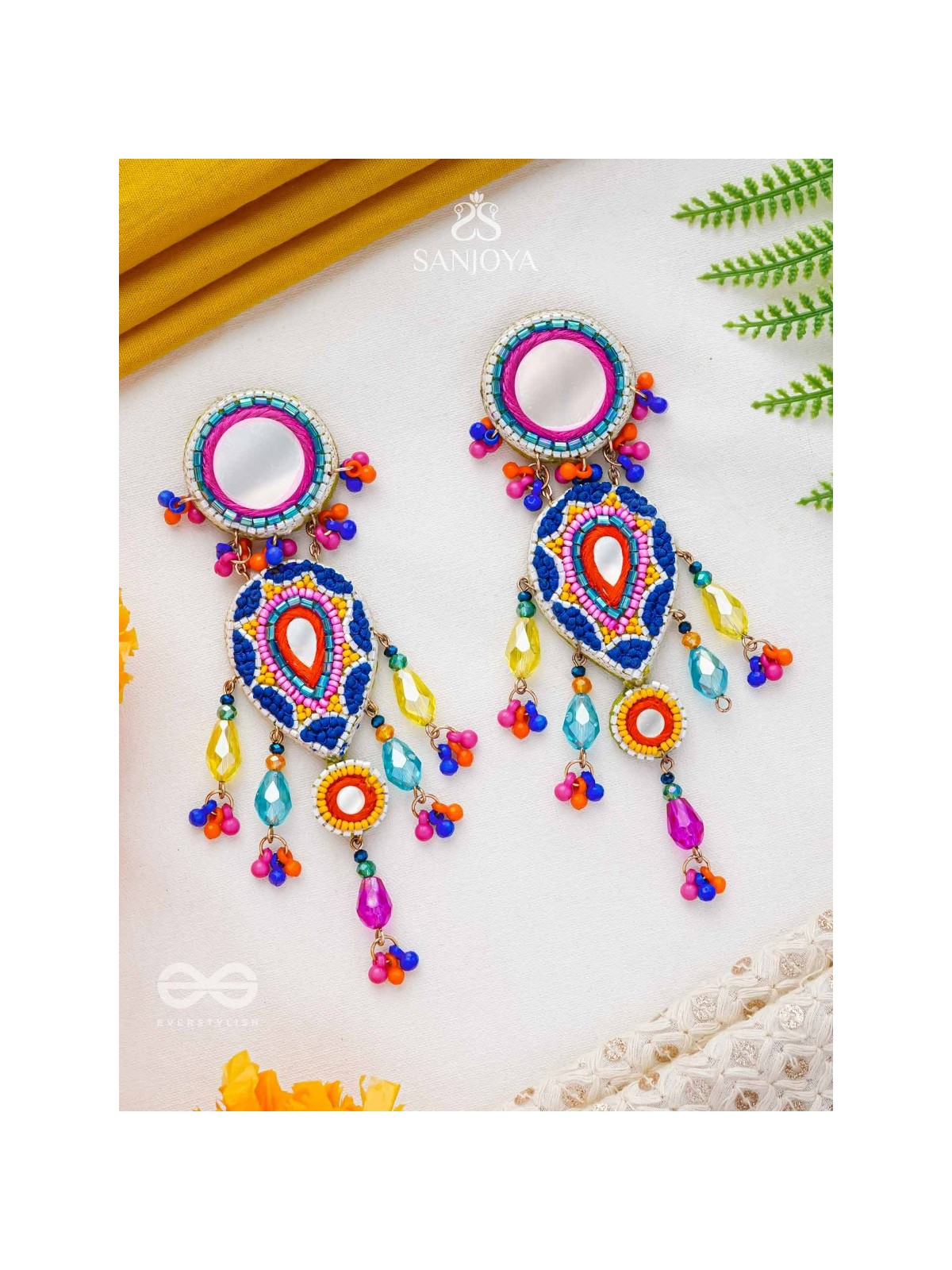 Odyaman - The Vibrant Rainfall - Beads, Resham And Mirrors Hand Embroidered Earrings
