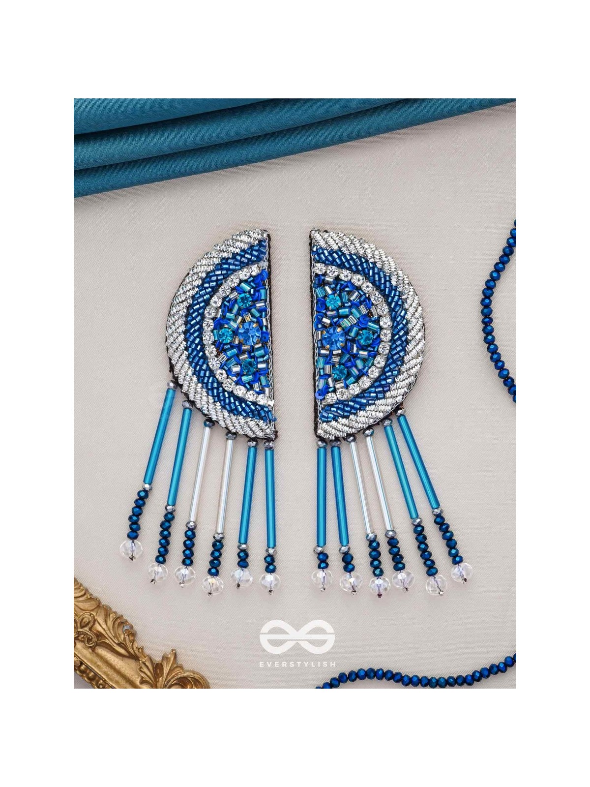Maskarin - The Blue Moon - Stones, Beads And Cutdana Hand Embroidered Earrings