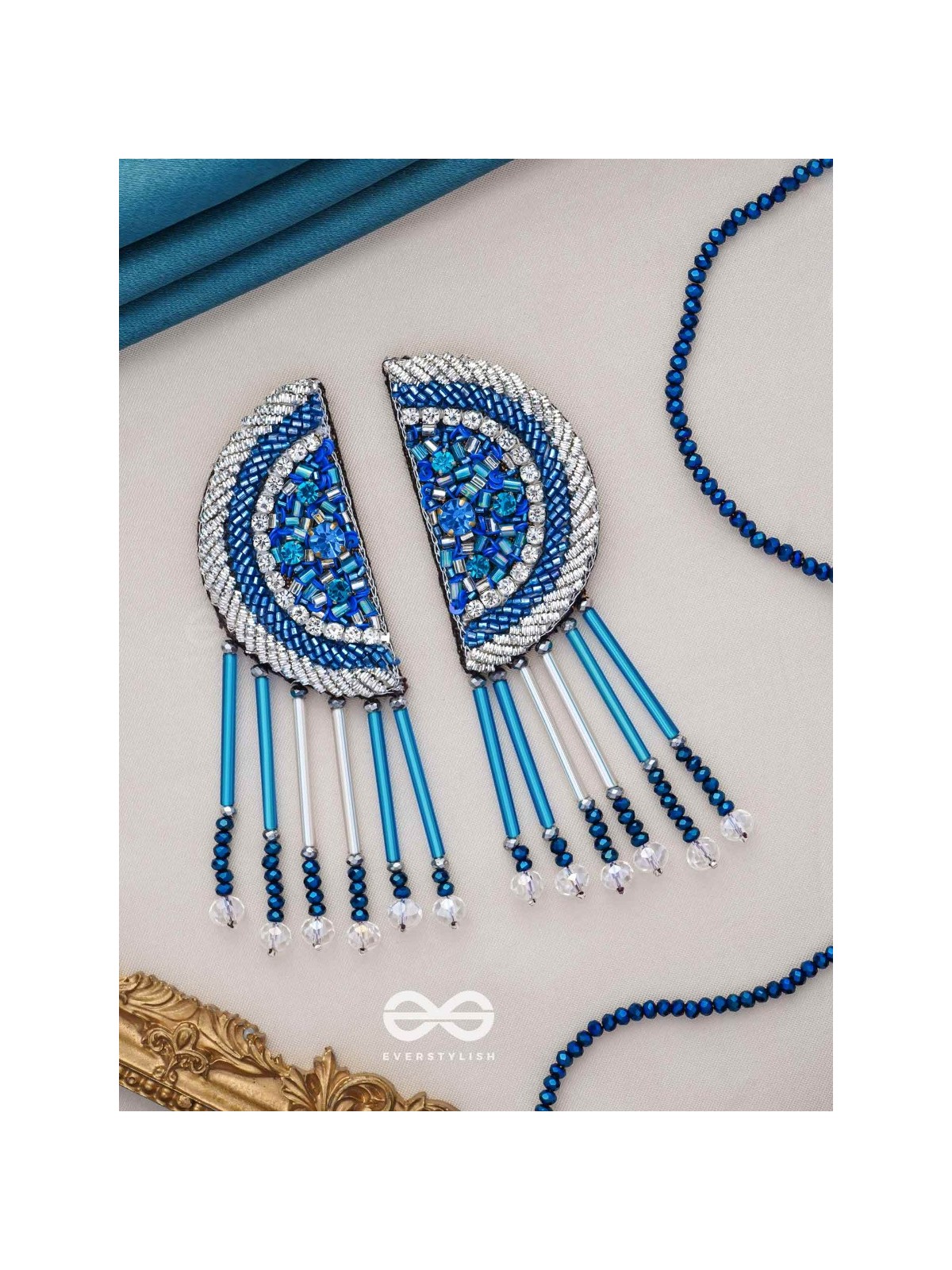 Maskarin - The Blue Moon - Stones, Beads And Cutdana Hand Embroidered Earrings