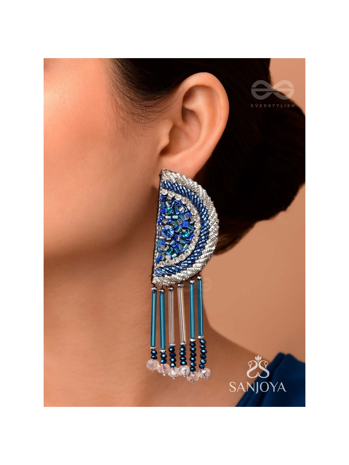 Maskarin - The Blue Moon - Stones, Beads And Cutdana Hand Embroidered Earrings