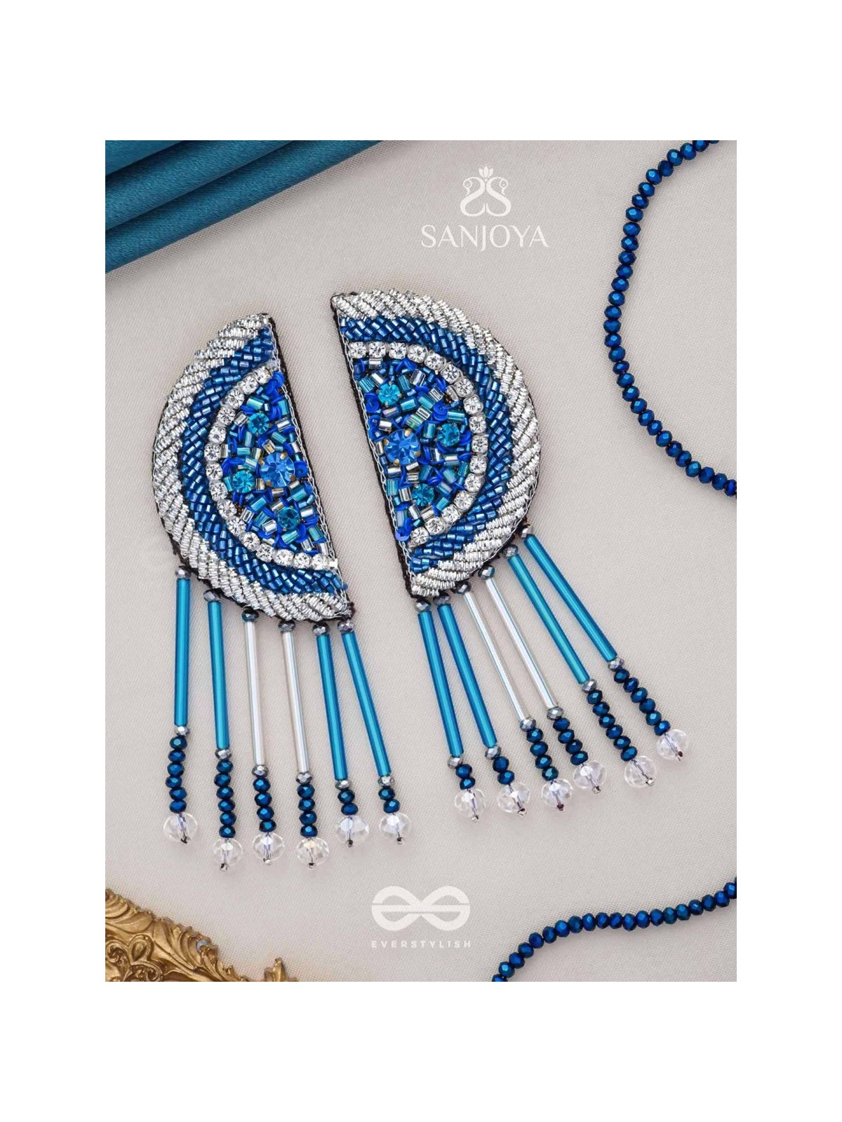 Maskarin - The Blue Moon - Stones, Beads And Cutdana Hand Embroidered Earrings