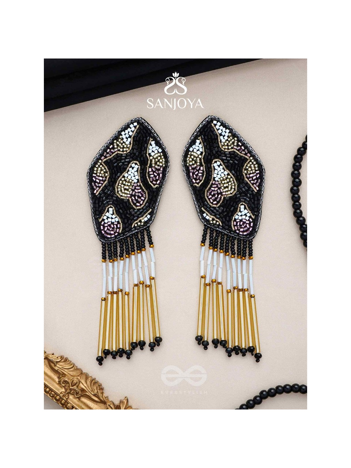 Dhyama - The Black Beauty - Cutdana And Beads Hand Embroidered Earrings