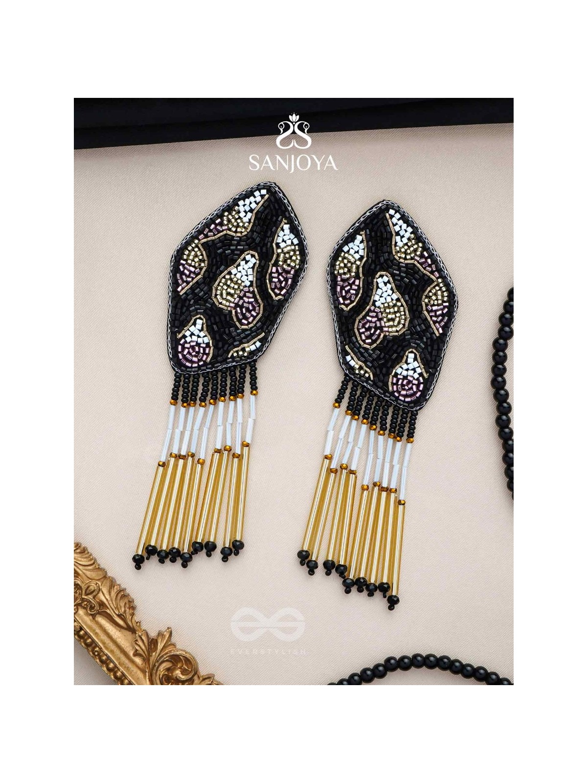Dhyama - The Black Beauty - Cutdana And Beads Hand Embroidered Earrings