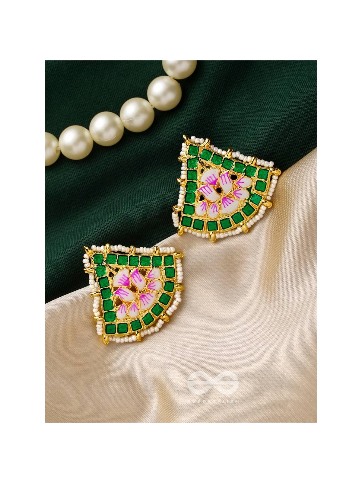 The Lotus Temple- Enamelled Statement Stud Earrings(Forest Green)