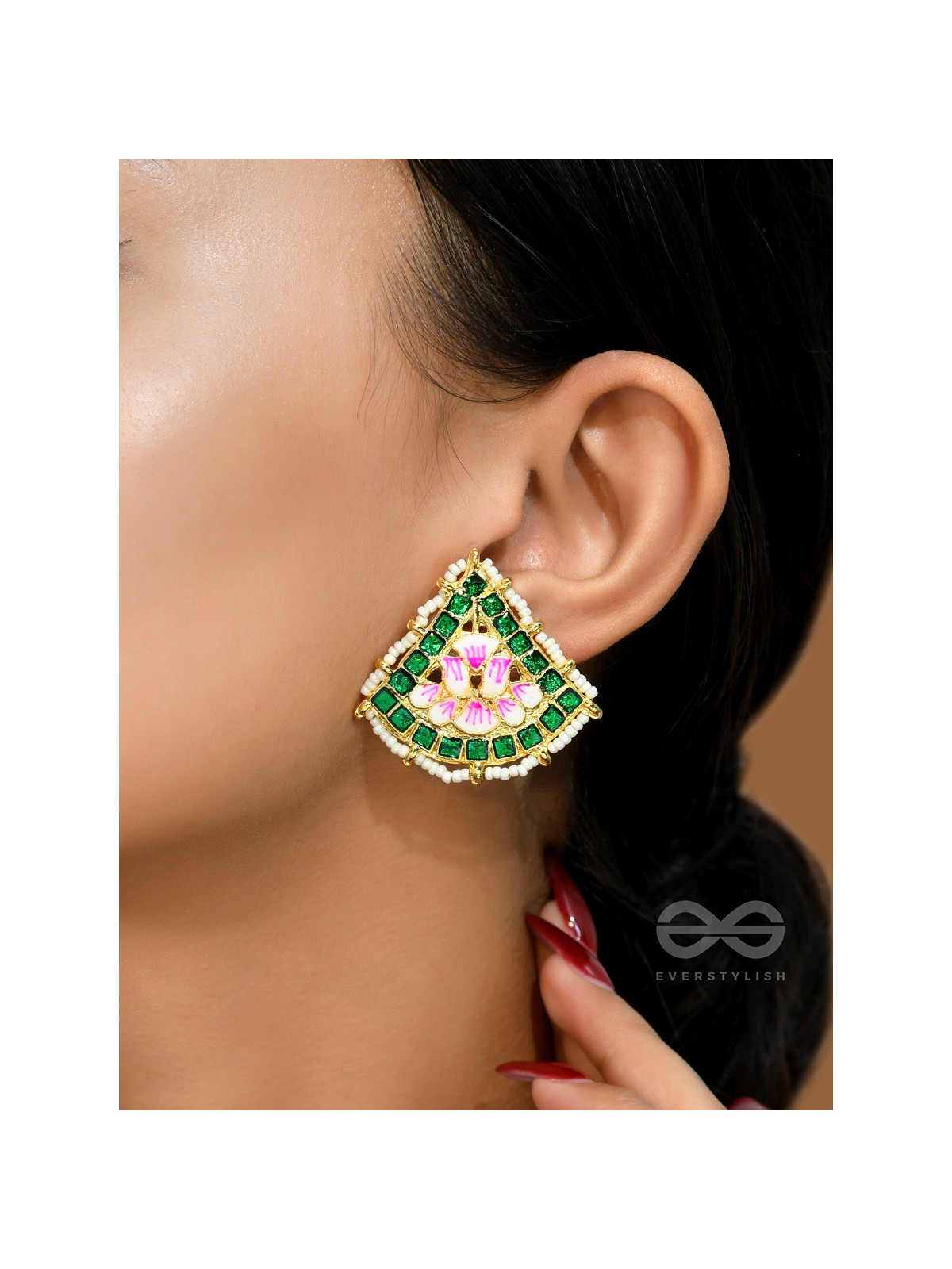 The Lotus Temple- Enamelled Statement Stud Earrings(Forest Green)