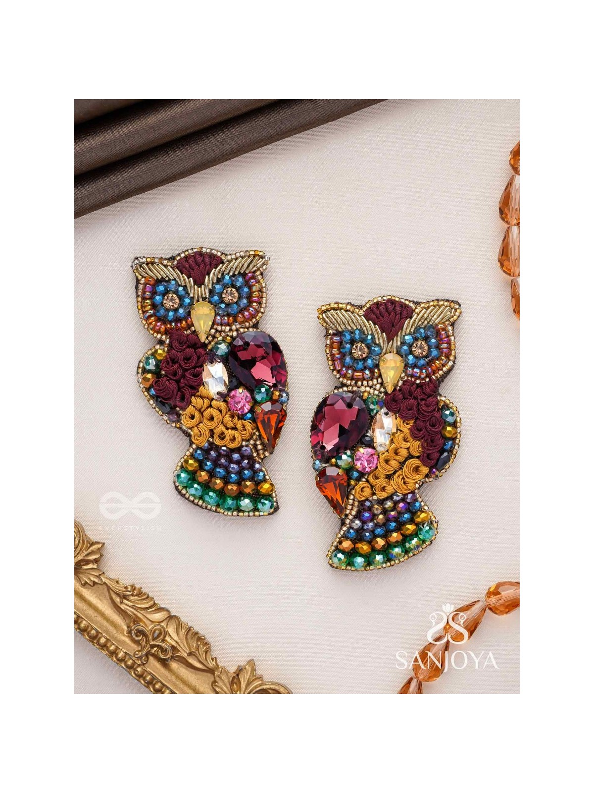 Krushika - The Majestic Owl - Stones, Resham And Beads Hand Embroidered Earrings