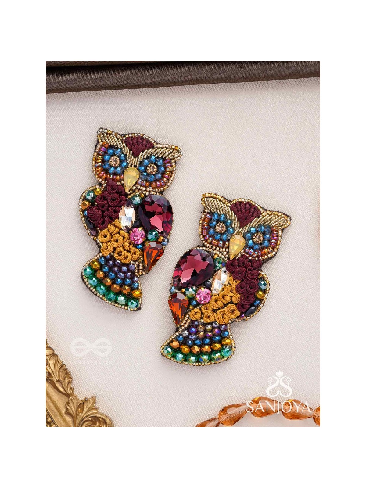 Krushika - The Majestic Owl - Stones, Resham And Beads Hand Embroidered Earrings