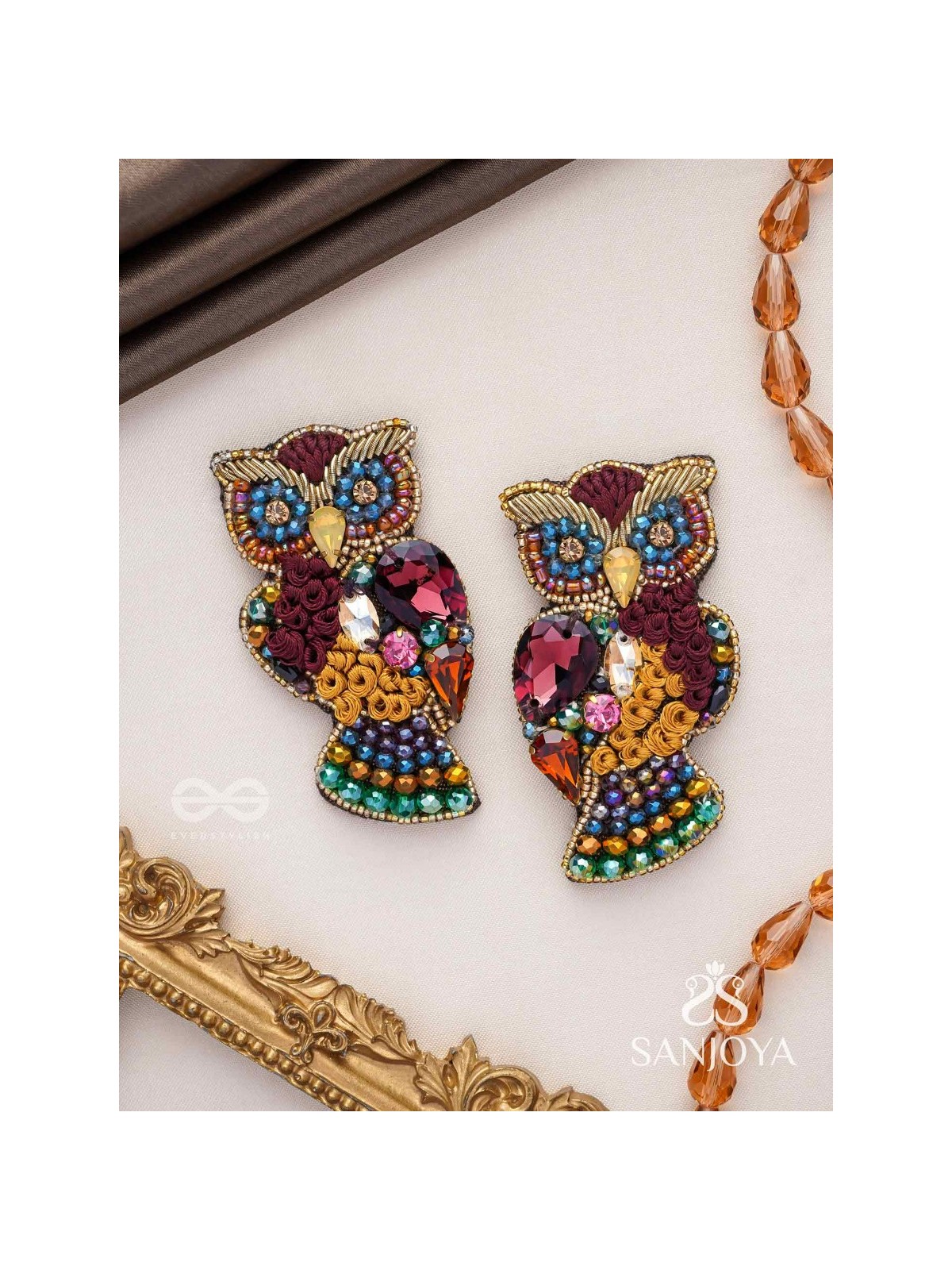 Krushika - The Majestic Owl - Stones, Resham And Beads Hand Embroidered Earrings