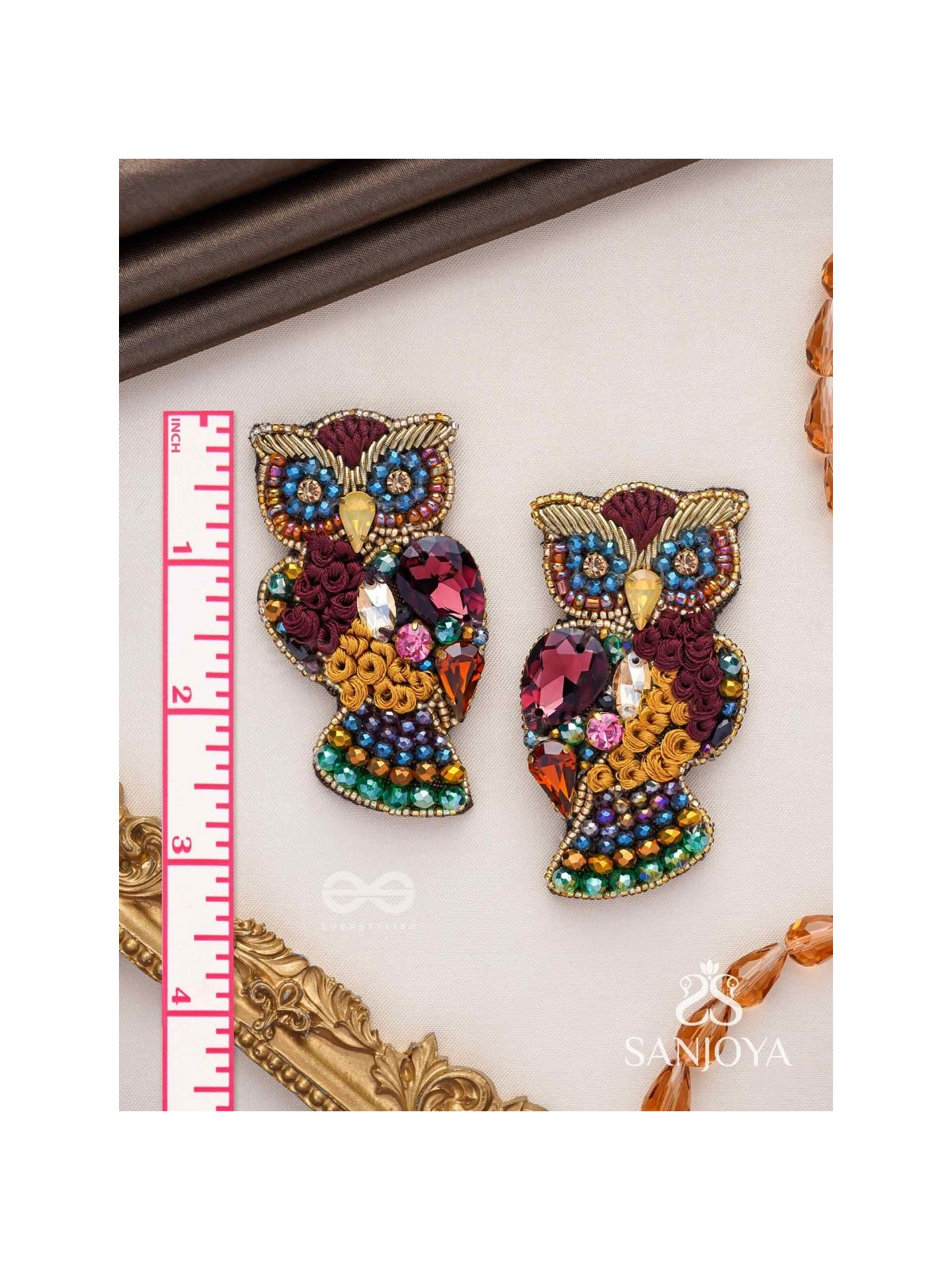Krushika - The Majestic Owl - Stones, Resham And Beads Hand Embroidered Earrings