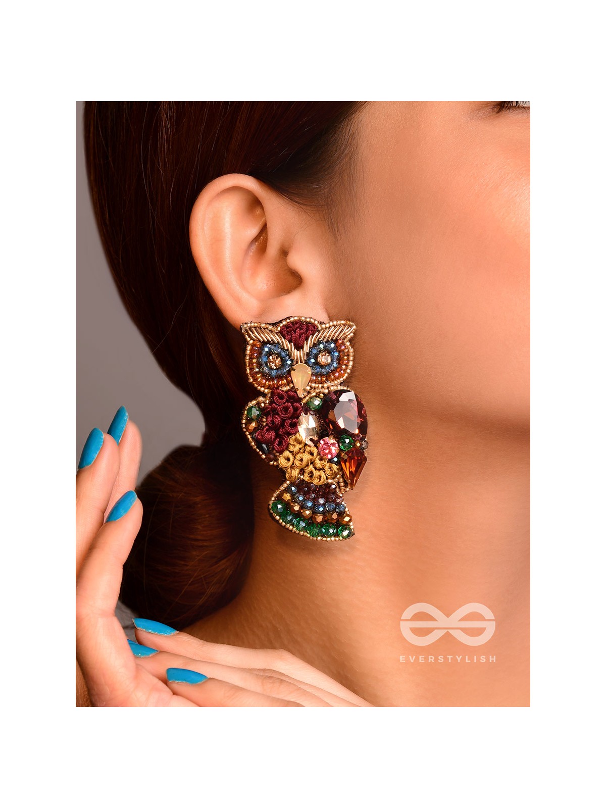 Krushika - The Majestic Owl - Stones, Resham And Beads Hand Embroidered Earrings