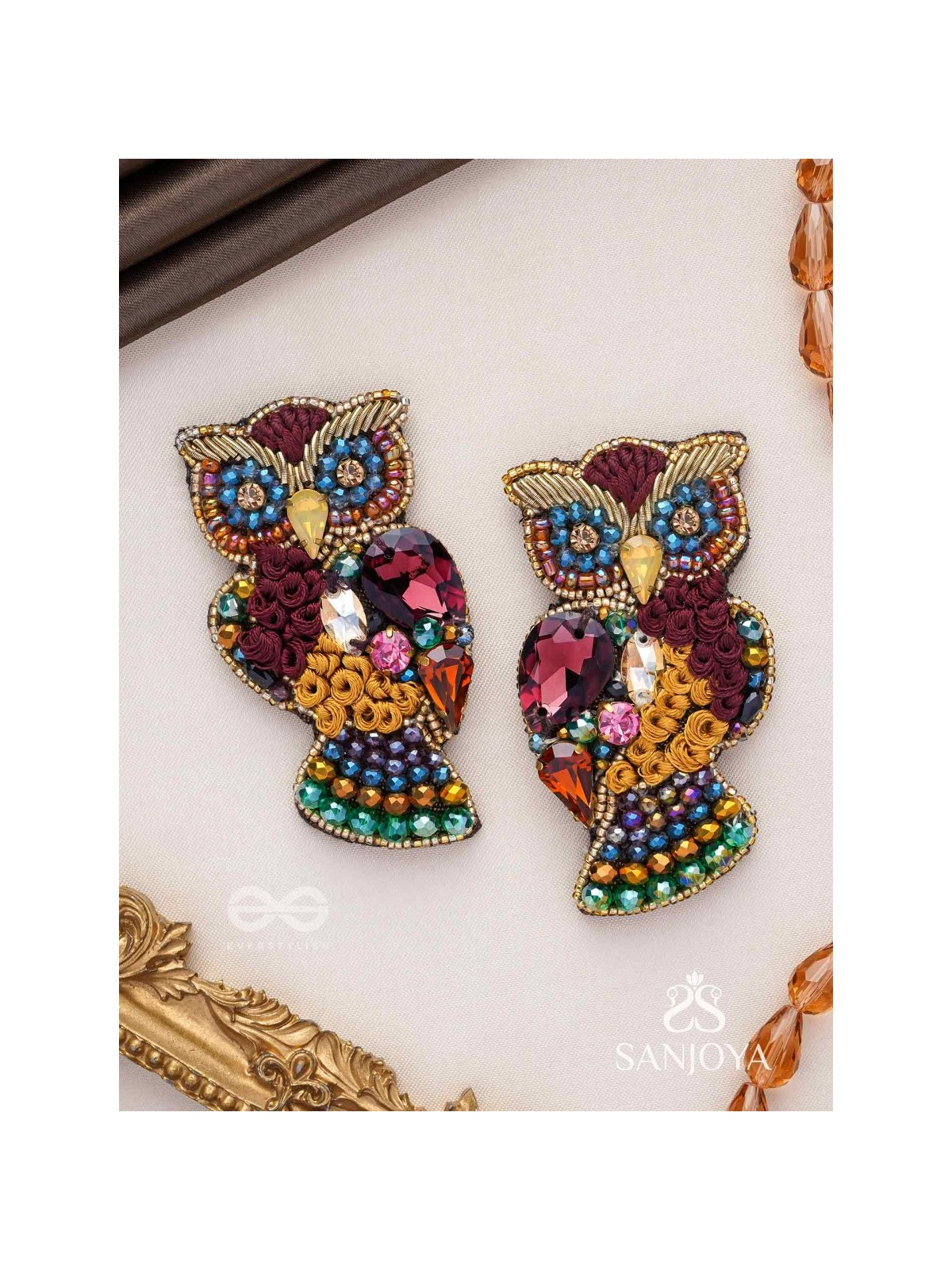 Krushika - The Majestic Owl - Stones, Resham And Beads Hand Embroidered Earrings