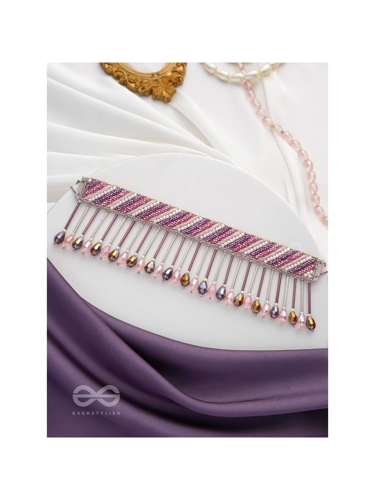 Plaksha - The Tulip Garden - Beads, Cutdana And Glass Drops Hand Embroidered Choker Neckpiece