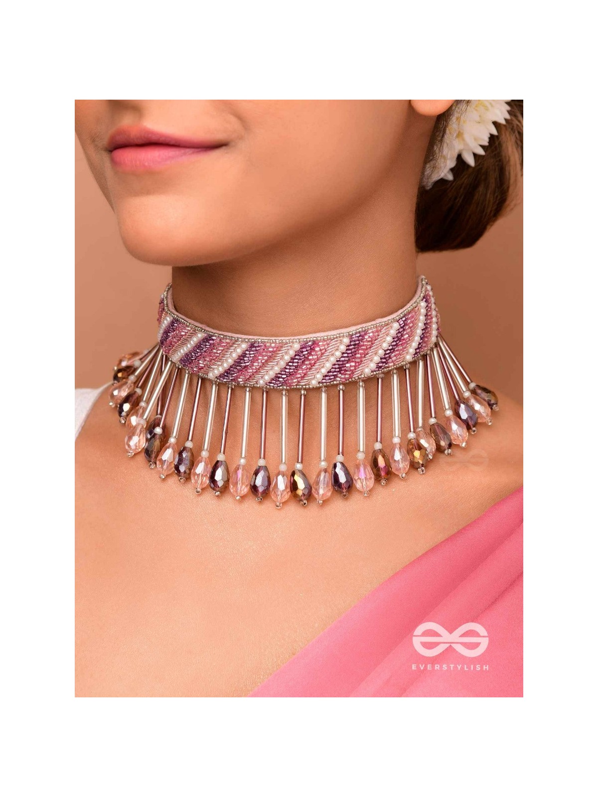 Plaksha - The Tulip Garden - Beads, Cutdana And Glass Drops Hand Embroidered Choker Neckpiece