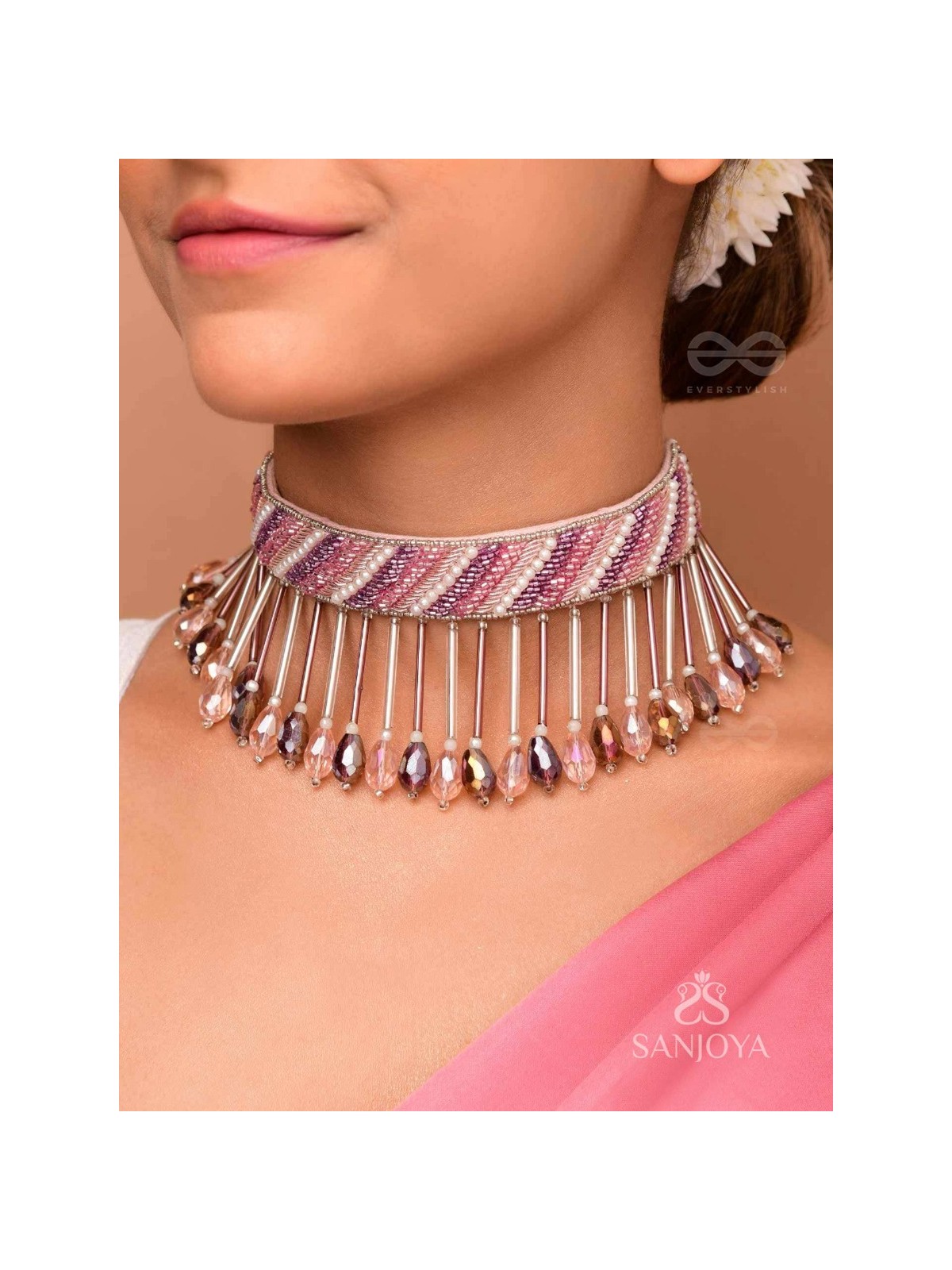 Plaksha - The Tulip Garden - Beads, Cutdana And Glass Drops Hand Embroidered Choker Neckpiece