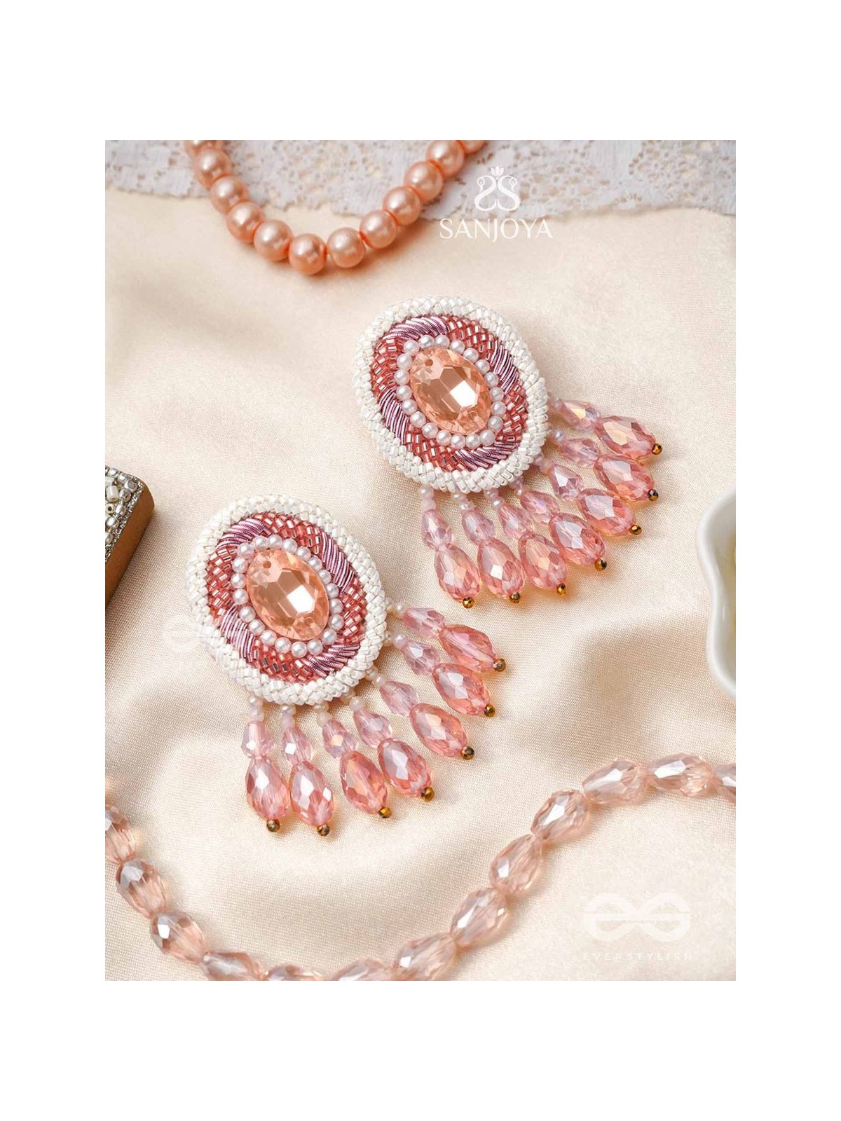 Praatika - The Pink Rose - Stone, Cutdana And Glass Drops Hand Embroidered Earrings