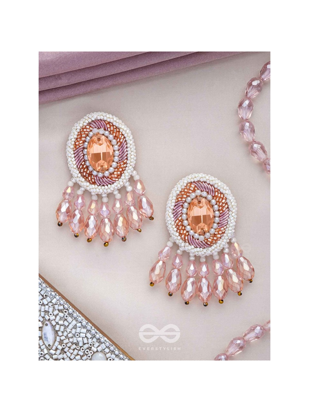 Praatika - The Pink Rose - Stone, Cutdana And Glass Drops Hand Embroidered Earrings