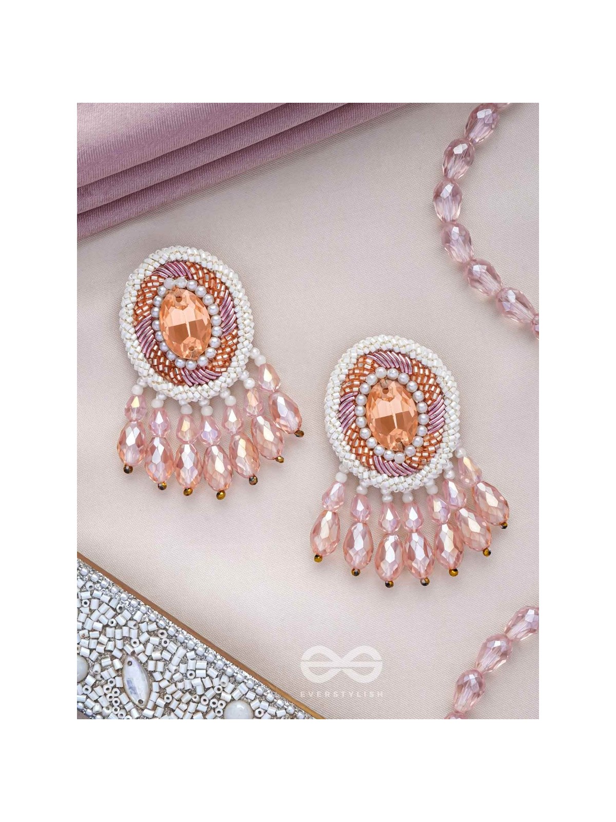 Praatika - The Pink Rose - Stone, Cutdana And Glass Drops Hand Embroidered Earrings