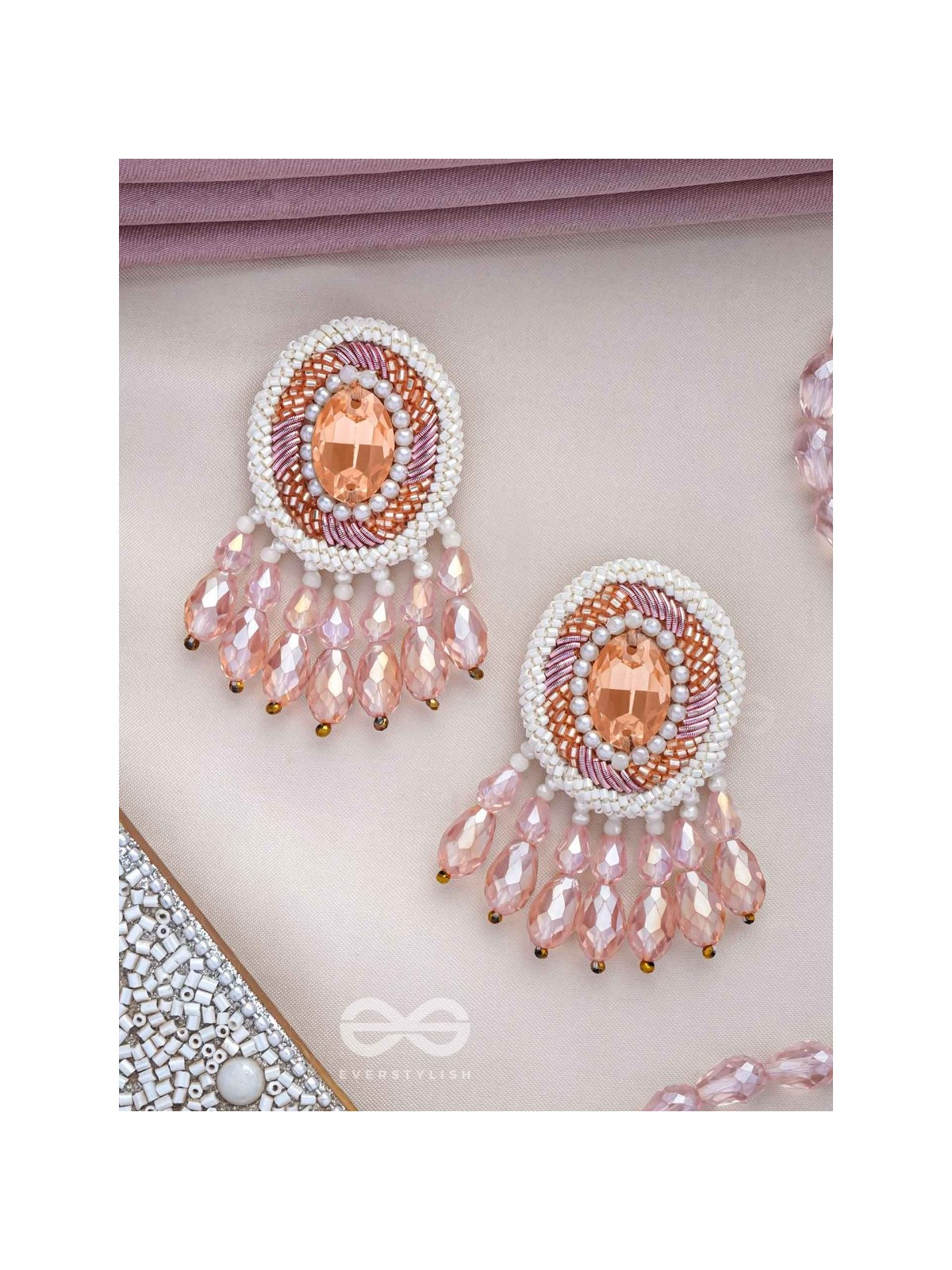 Praatika - The Pink Rose - Stone, Cutdana And Glass Drops Hand Embroidered Earrings