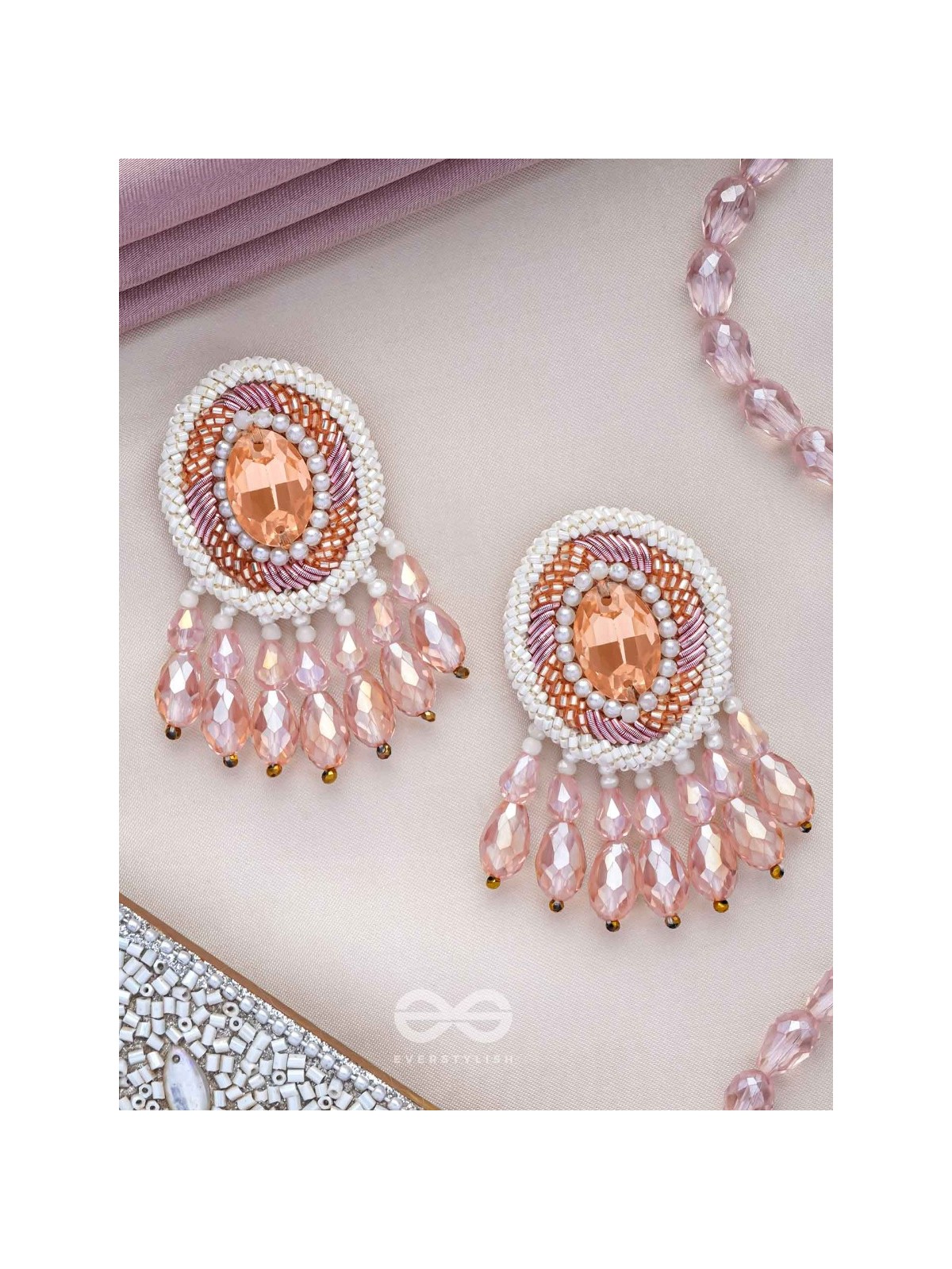 Praatika - The Pink Rose - Stone, Cutdana And Glass Drops Hand Embroidered Earrings