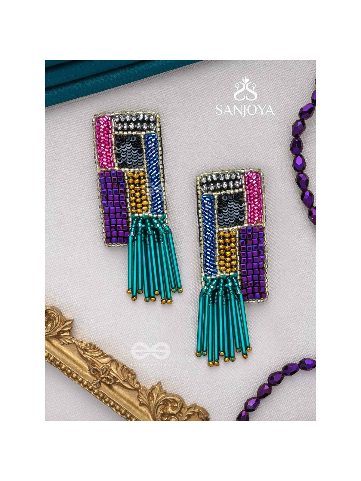 Srava- The Vibrant Waterfall- Beads and Bugle Glass Pipes Embroidered Earrings