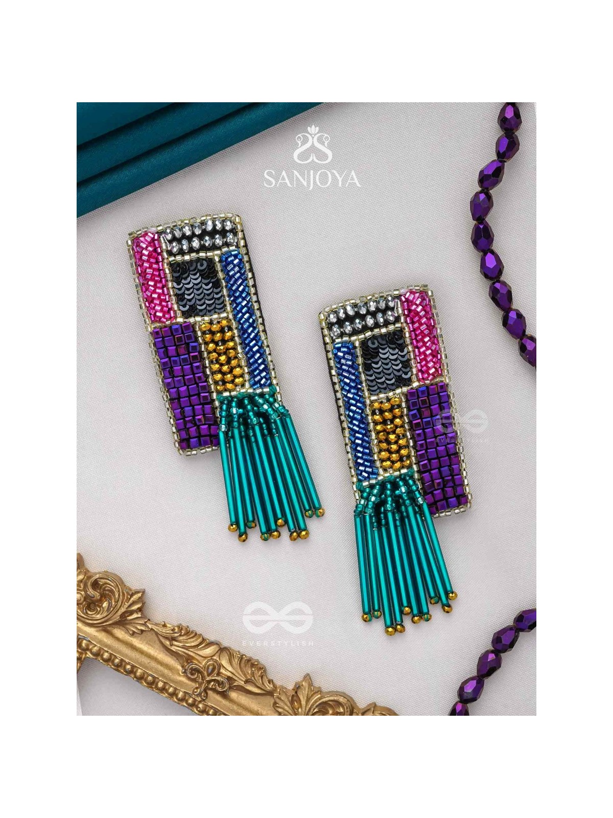 Srava- The Vibrant Waterfall- Beads and Bugle Glass Pipes Embroidered Earrings