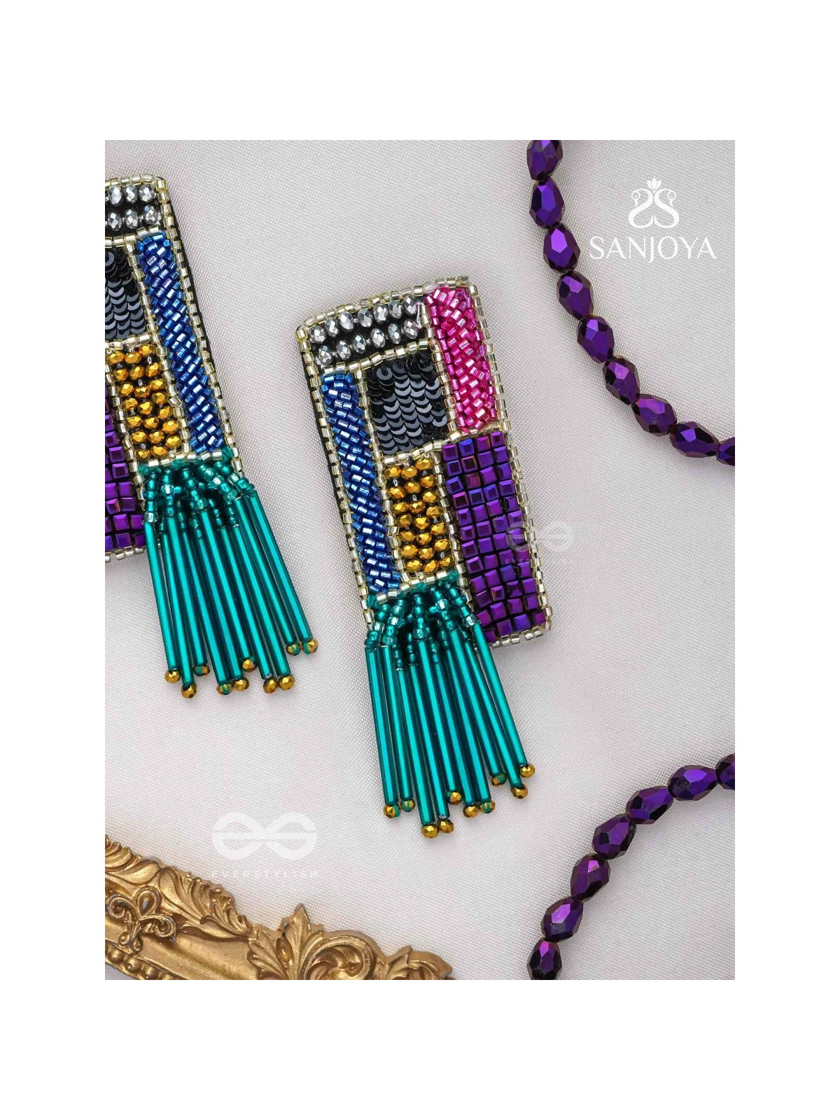 Srava- The Vibrant Waterfall- Beads and Bugle Glass Pipes Embroidered Earrings
