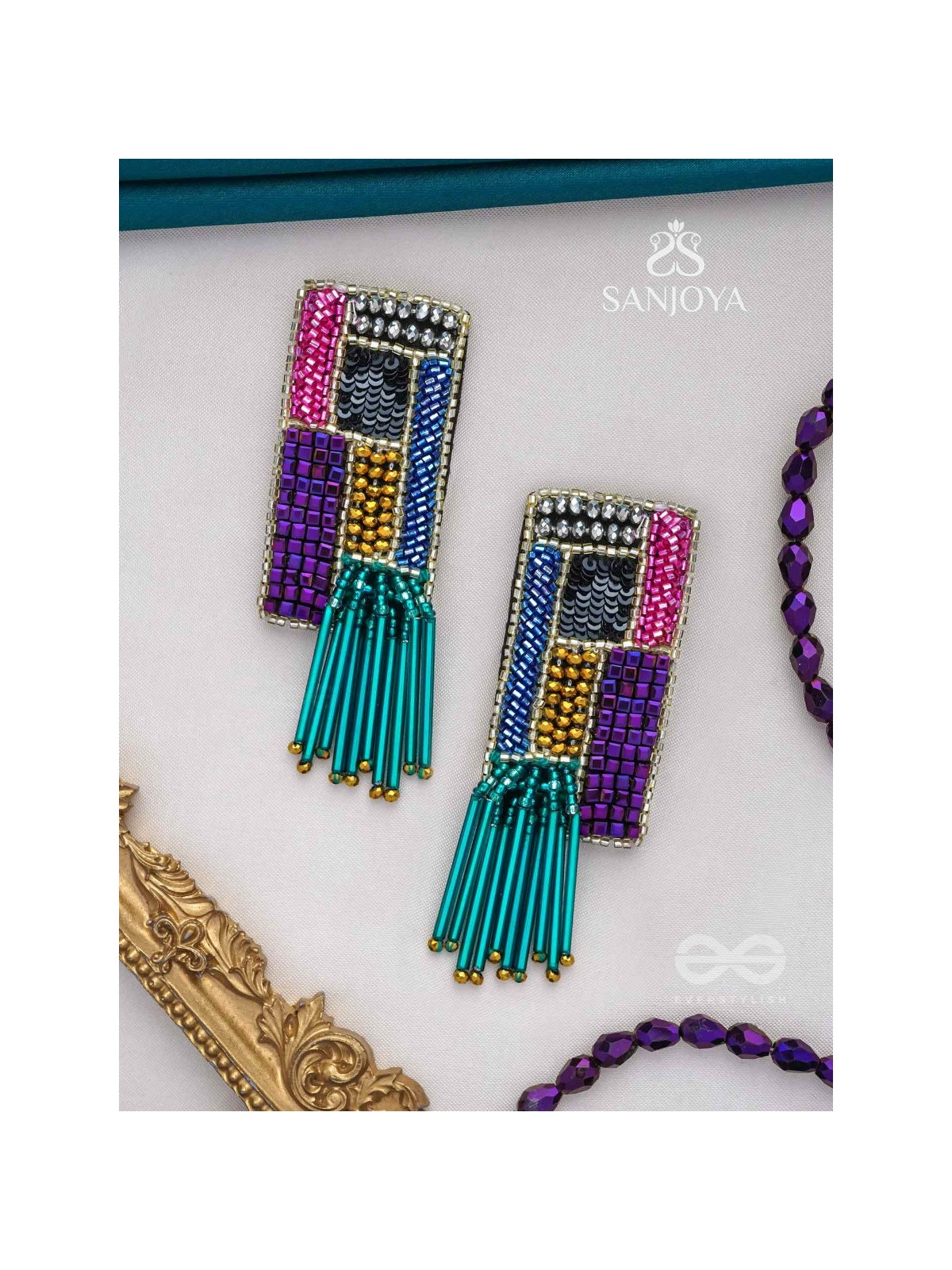 Srava- The Vibrant Waterfall- Beads and Bugle Glass Pipes Embroidered Earrings