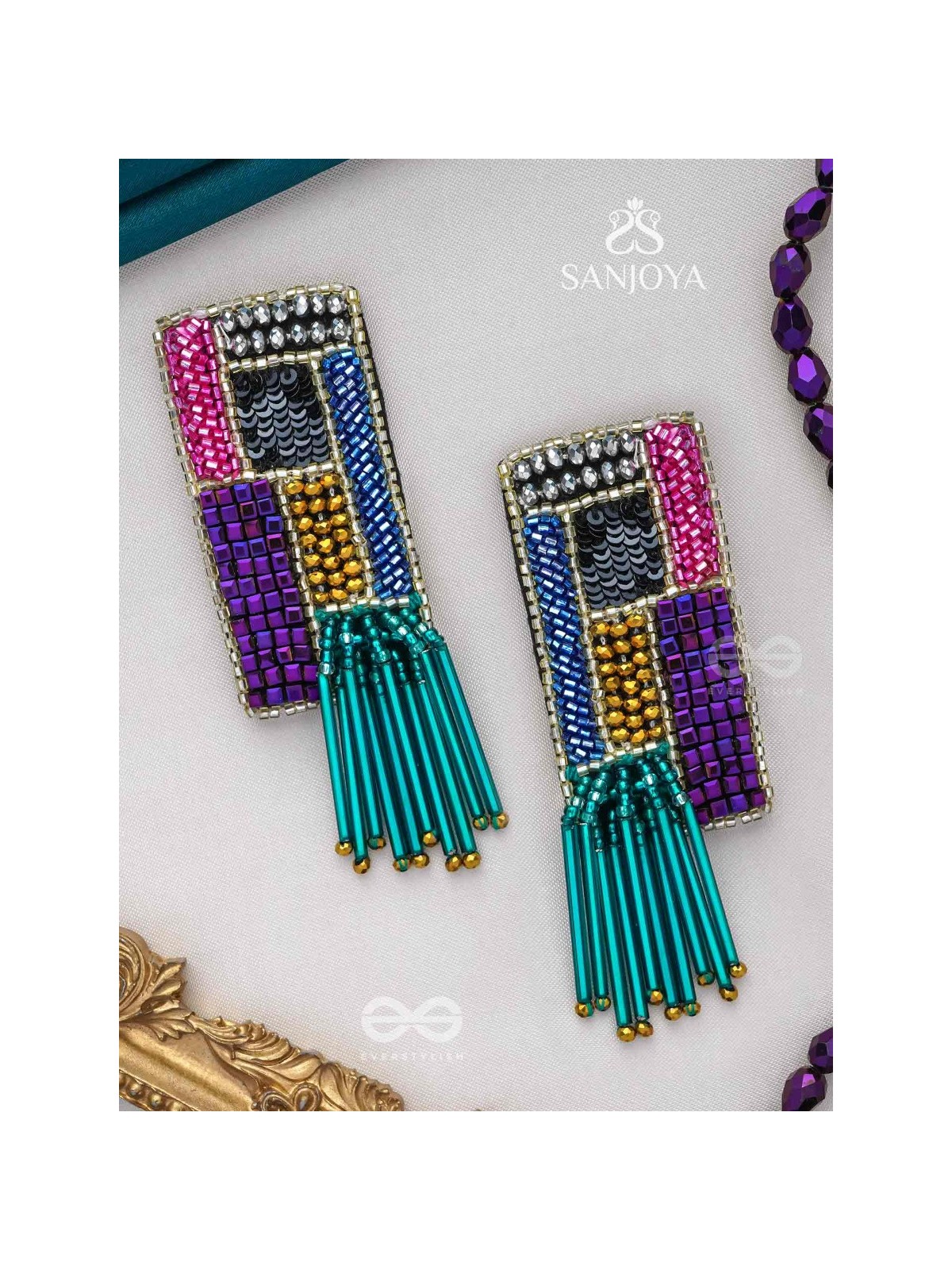 Srava- The Vibrant Waterfall- Beads and Bugle Glass Pipes Embroidered Earrings