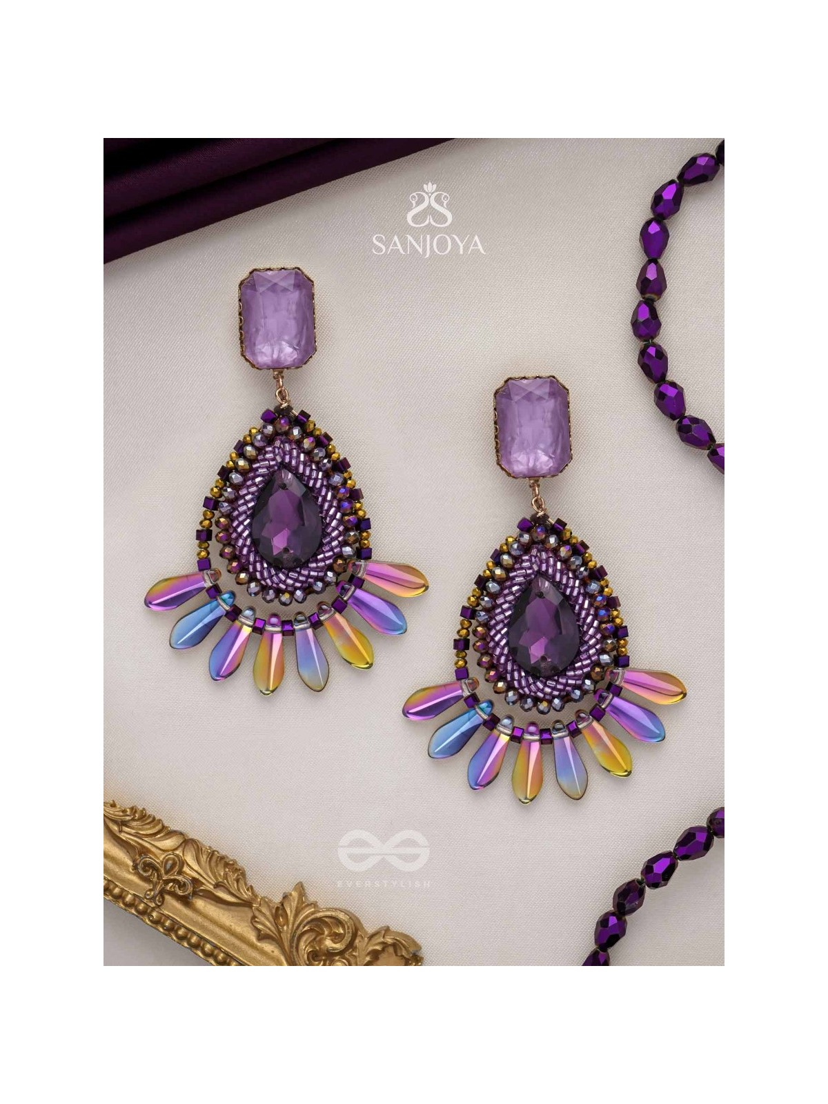 Shraayava- The Blooming Flower-  Stones and Glass Beads Embroidered Earrings