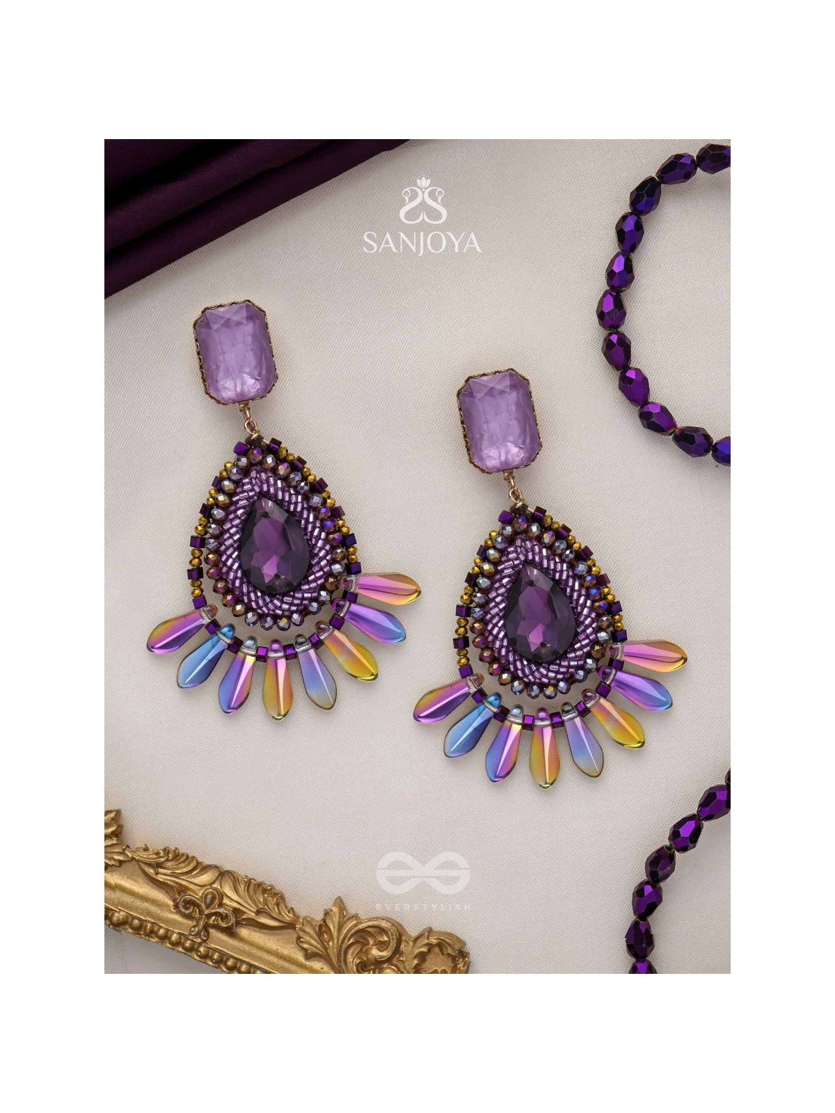 Shraayava- The Blooming Flower-  Stones and Glass Beads Embroidered Earrings